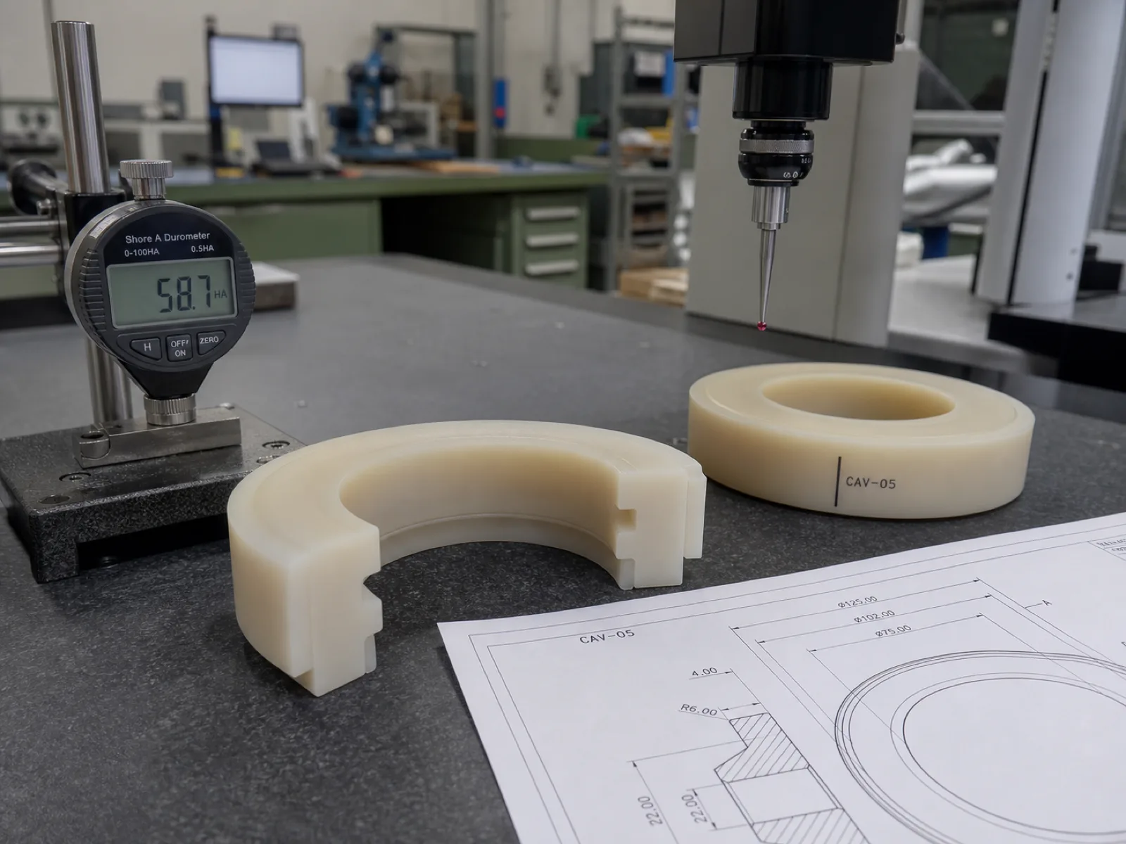 A compression-molded platinum-cured silicone vibration damper on a QC bench, sectioned to show its ring cross-section, beside a bench-mounted digital durometer and a CMM touch-probe, with a first-article dimensional layout sheet and cavity-ID markings visible in muted sage-and-cream workshop light.