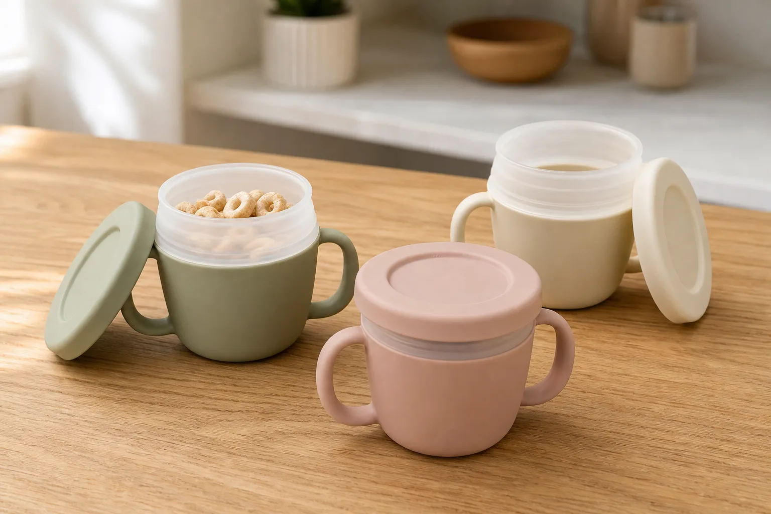 Three coordinated silicone baby snack cups in soft sage green, dusty blush pink, and warm oat cream — the retail-family colorway that ran across 8 SKUs at ±0.5 ΔE Pantone tolerance for a premium US baby brand