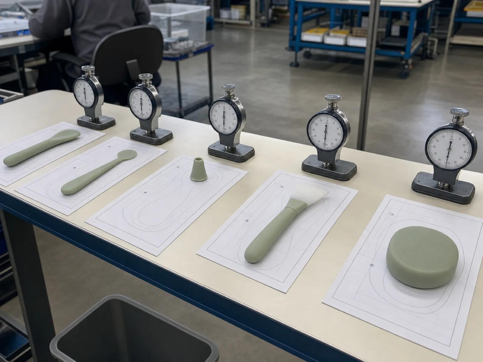 A QC bench holding five anonymized platinum-cured silicone beauty tools — a facial applicator, a lip mask spatula, an eye-contour tip, a mask brush, and a cleansing bar — in muted sage and cream, each staged beside a durometer gauge and a printed cavity map under neutral D65 workshop light