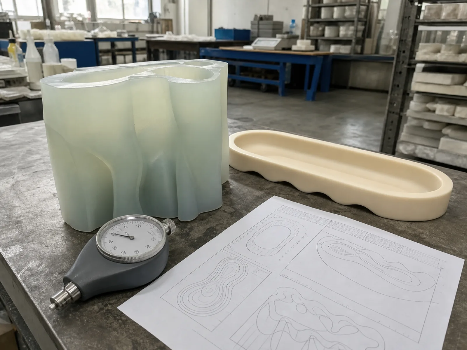 Anonymized silicone home-decor program on a QC bench in Dongguan — a soft translucent sculptural candle mold beside a matte cream catch-tray, with a durometer gauge and a printed cavity map, muted sage-and-cream palette, no branded product
