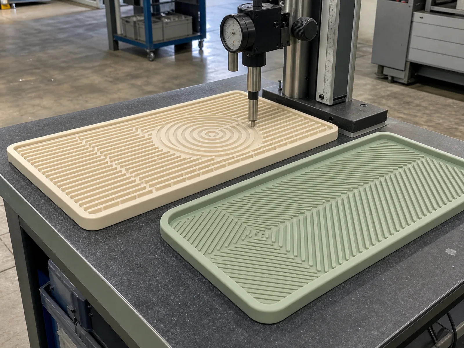 Cream and sage platinum-cured silicone bar service mat and low-profile drip mat on a QC bench, drainage-channel geometry and raised perimeter visible under a durometer stand, matte food-safe surface, no branding