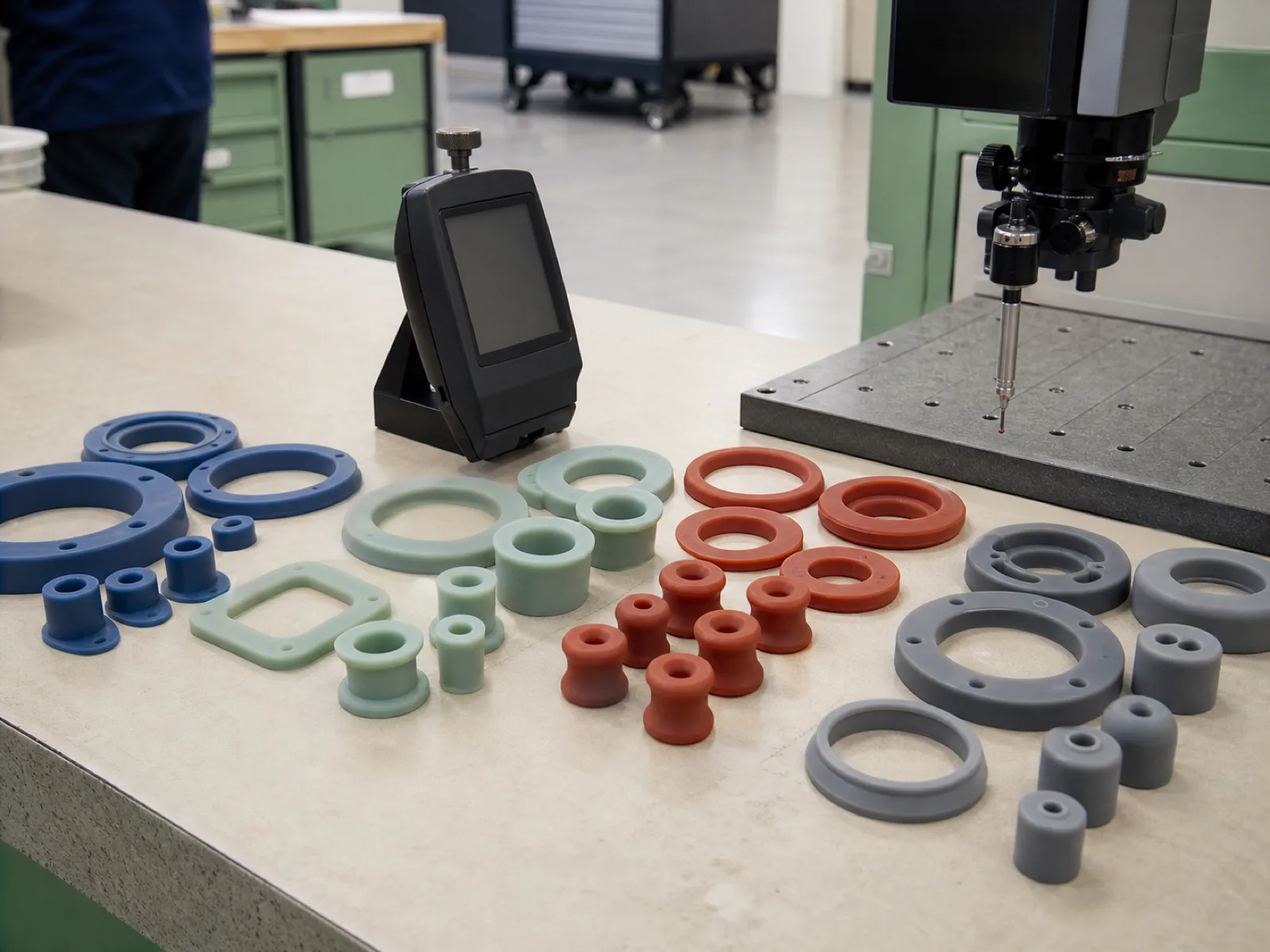 Compression-molded silicone gaskets and vibration dampers in four durometer-coded colors laid out on a QC bench beside a digital durometer and a CMM probe, matte platinum-cured silicone under neutral D65 workshop light