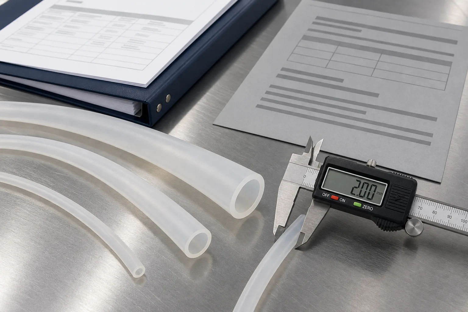 Precision-cut silicone medical tubing samples in translucent food-grade platinum-cure formulation, laid out on a QC bench with USP Class VI extractables test reports and dimensional gauge tools