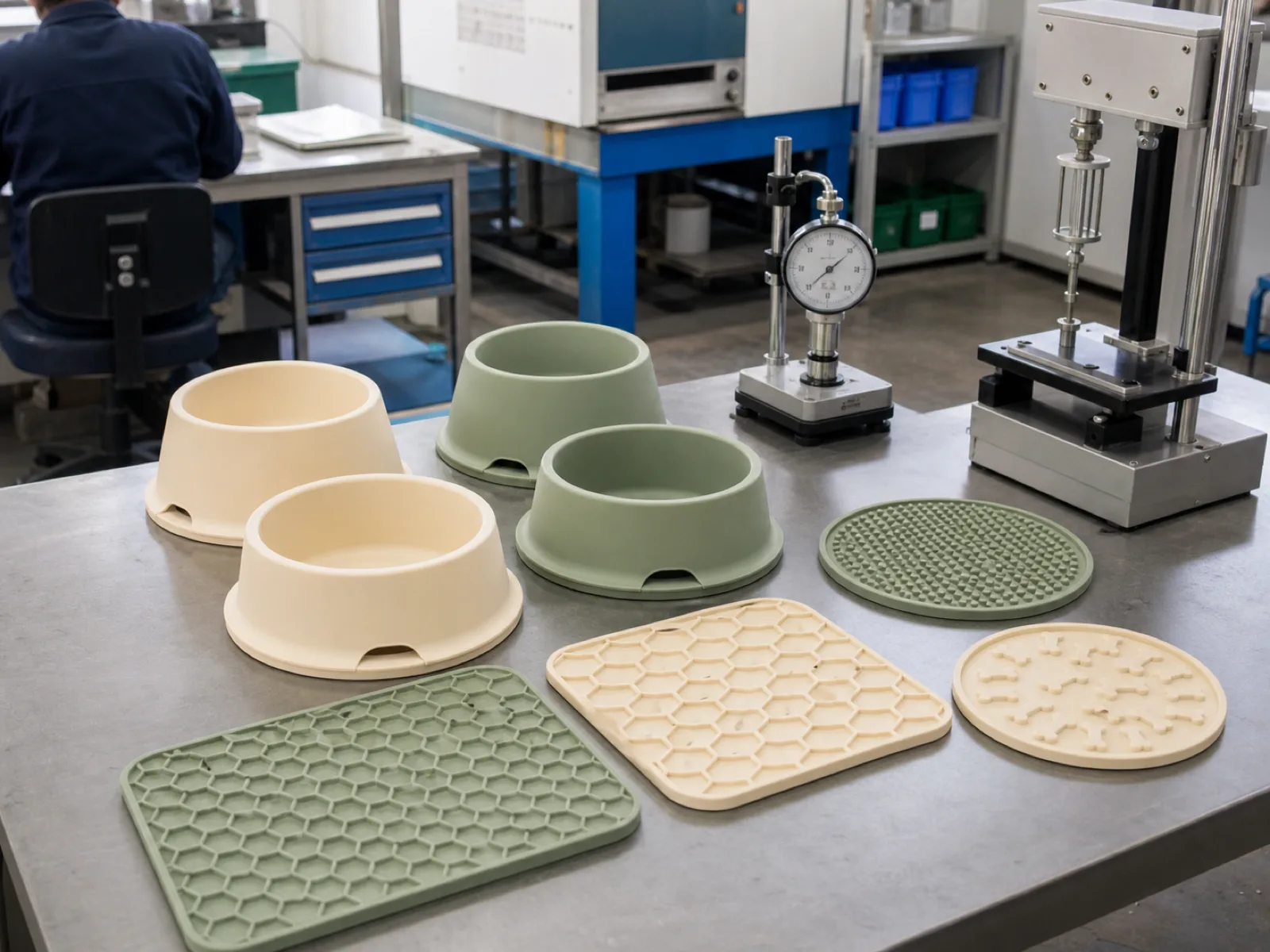 Anonymized silicone pet products — cream and sage feeding bowls and textured lick mats — laid out on a QC bench beside a durometer gauge and a suction-pull test rig under neutral D65 workshop light