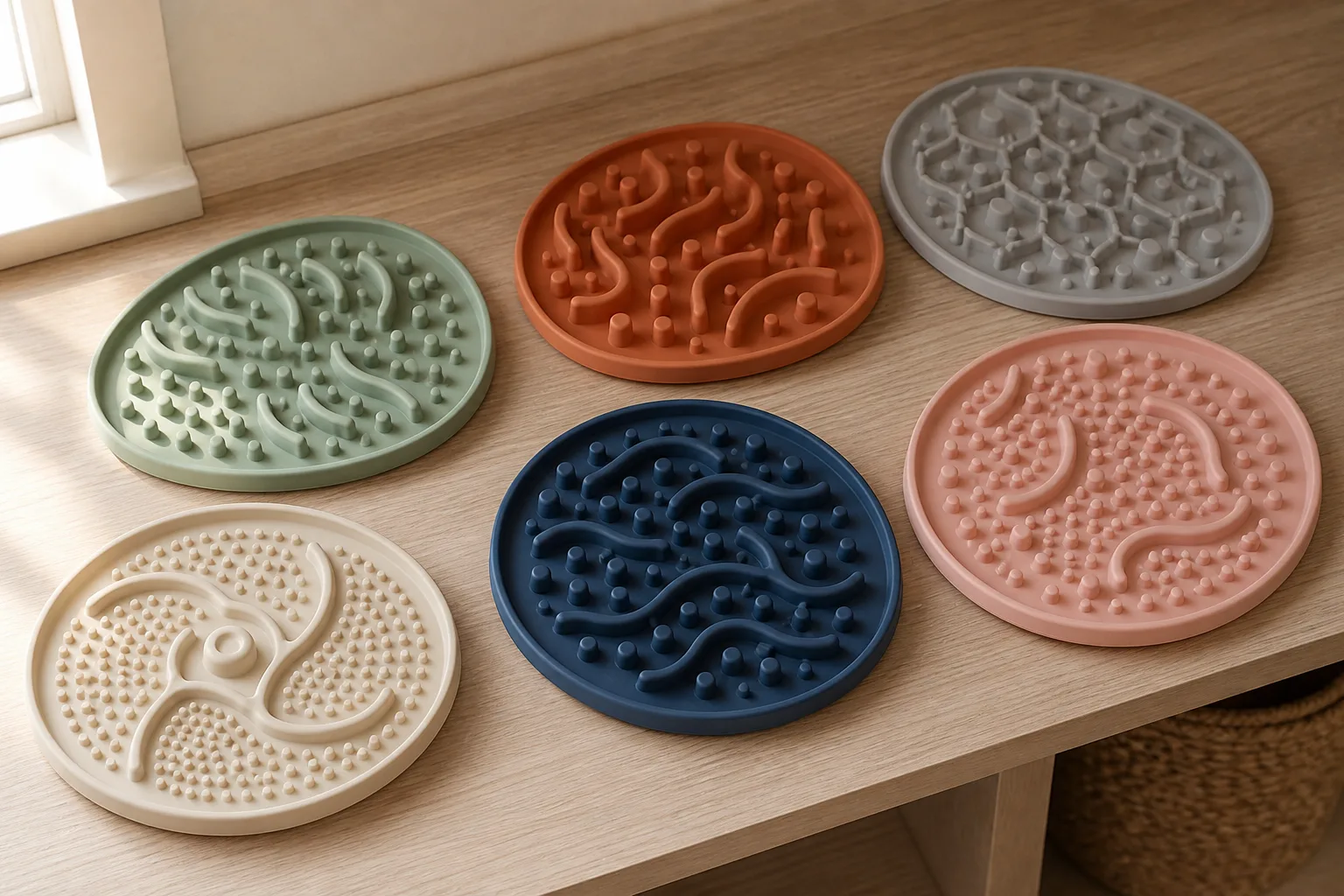 Six coordinated silicone slow-feeder mats and lick mats laid out in a retail-shelf display arrangement — muted sage, terracotta, dove grey, sand cream, deep navy, and blush pink — each color verified against Pantone TPX reference