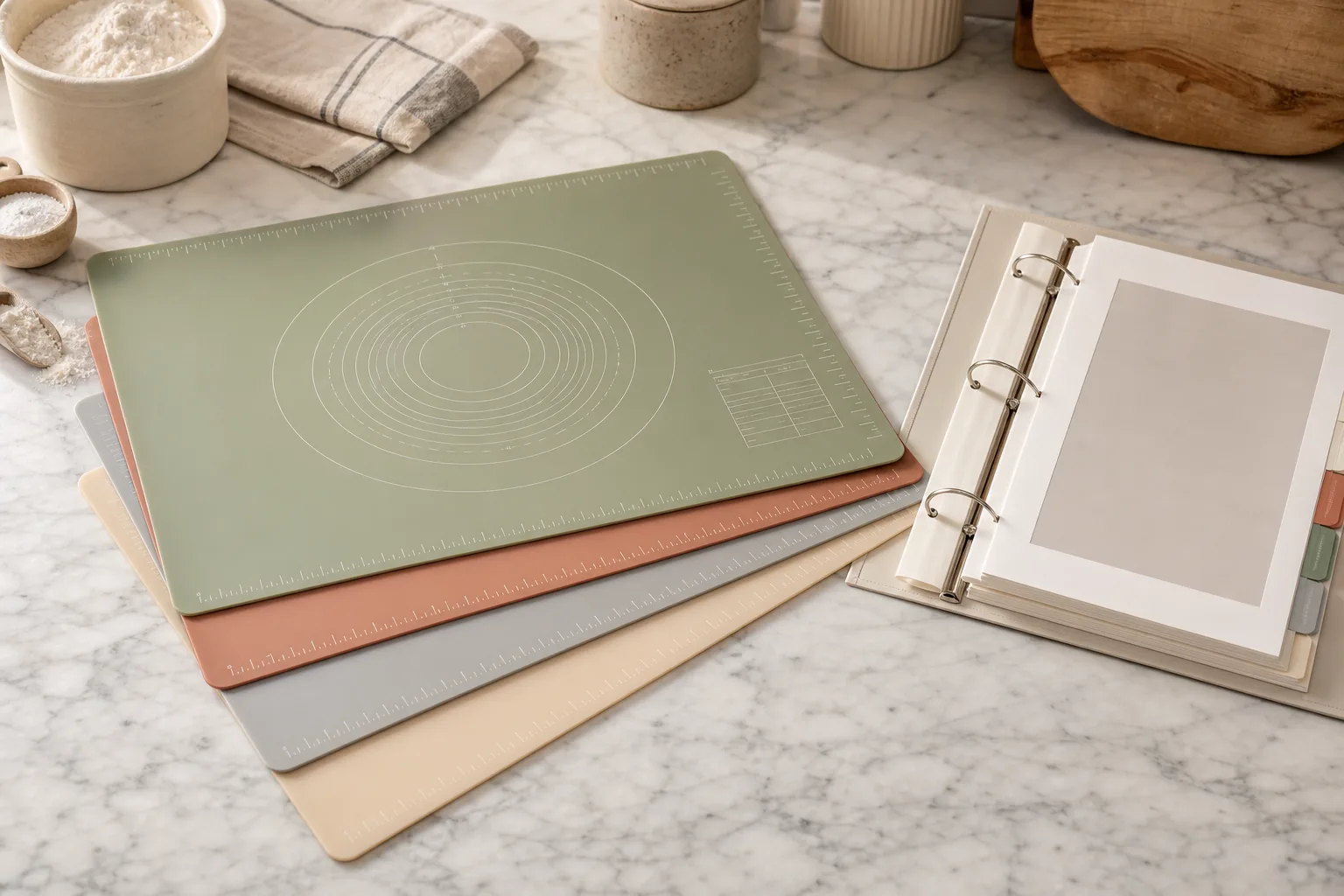 Four coordinated silicone pastry mats in half-sheet, quarter-sheet, French-baguette, and macaron formats with PMS-matched measurement print for a Tier-2 US retail baking brand