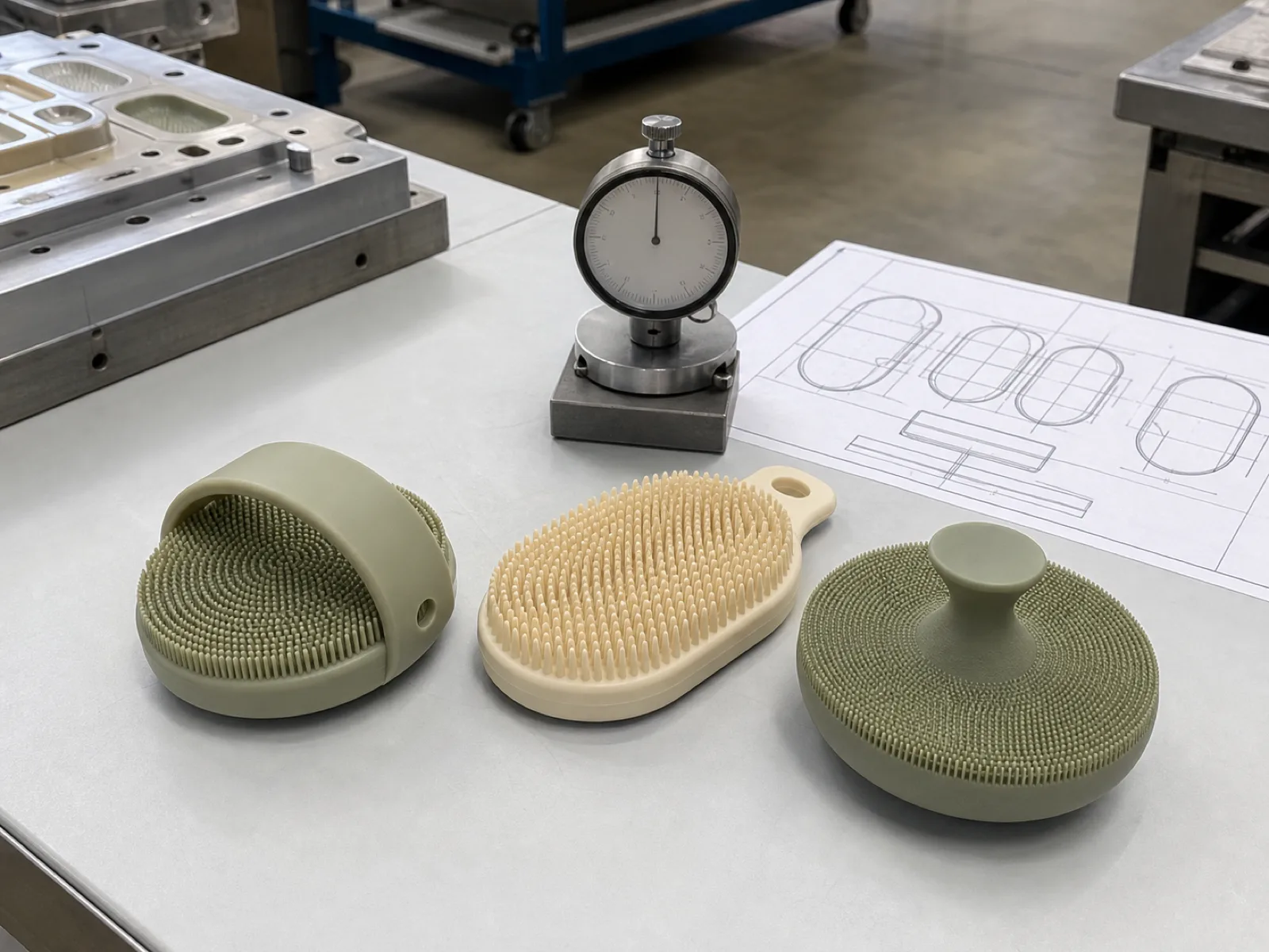 Three anonymized platinum-cured silicone body-scrubber tools on a QC bench in matte sage and cream, arranged beside a durometer gauge and a printed cavity map, with subtle food-safe translucency and no branding for a premium skincare brand OEM program