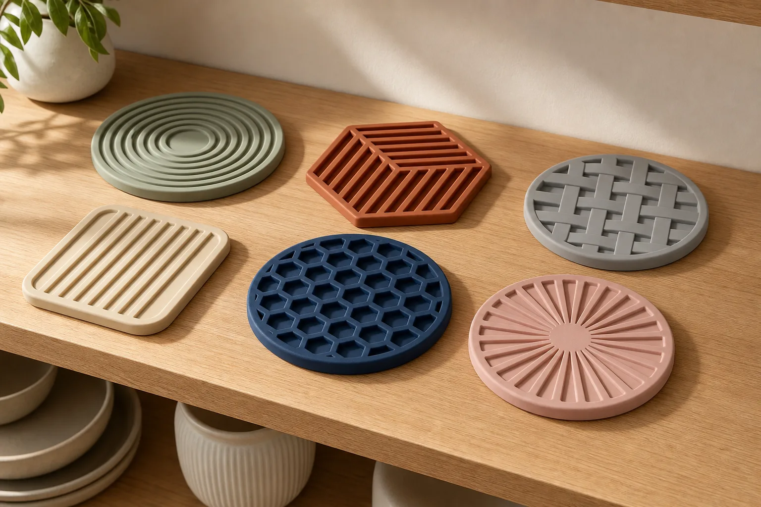 Four silicone trivet SKUs in platinum-cured food-grade silicone staged on QA bench with color-standard chips