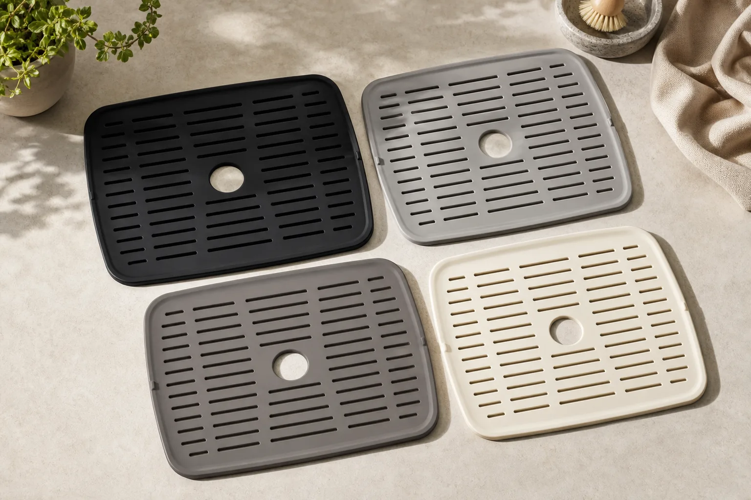 Four color-matched silicone sink mats — charcoal, sand, sage, and translucent — laid out on Wetop's QC bench under D65 inspection light next to a Pantone fan deck and a caliper in Dongguan