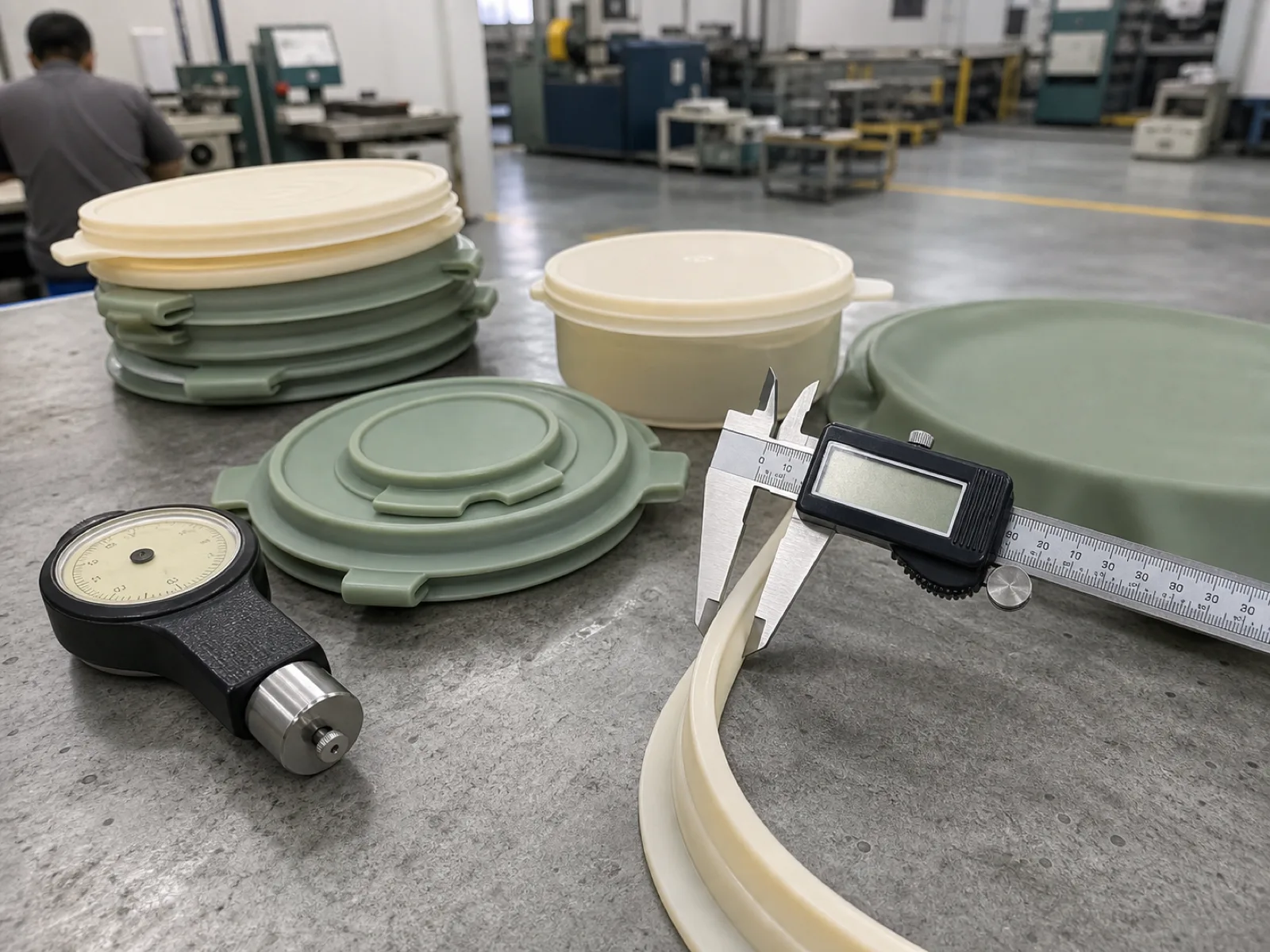 Anonymized cream and sage platinum-cured silicone food wraps and jar lids arranged on a QC bench in a Dongguan workshop, with a digital caliper checking seal-lip thickness and a durometer gauge resting alongside for Shore A verification under neutral daylight.