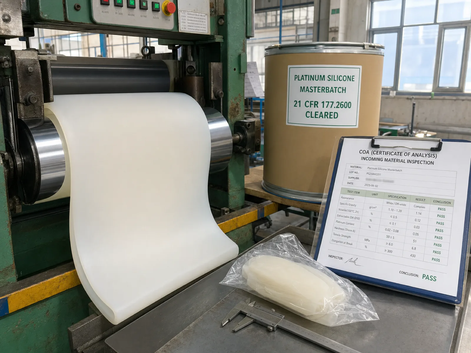 Are silicone utensils safe — food-grade platinum-cured silicone compound rolled on a two-roll mill at Wetop's Dongguan factory, with masterbatch drum labeled 21 CFR 177.2600 cleared visible in background — the incoming-material COA check that catches filler-adulterated stock before it reaches the press.