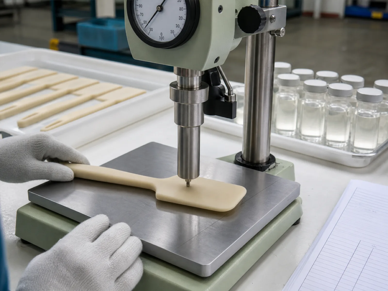 Are silicone utensils safe — Shore A durometer probe testing a finished silicone spatula on a Wetop QC bench in Dongguan, with LFGB §30/31 test vials and post-cure log sheet visible in frame — the ASTM D2240 procedure that validates food-grade hardness spec at 50-70 Shore A.