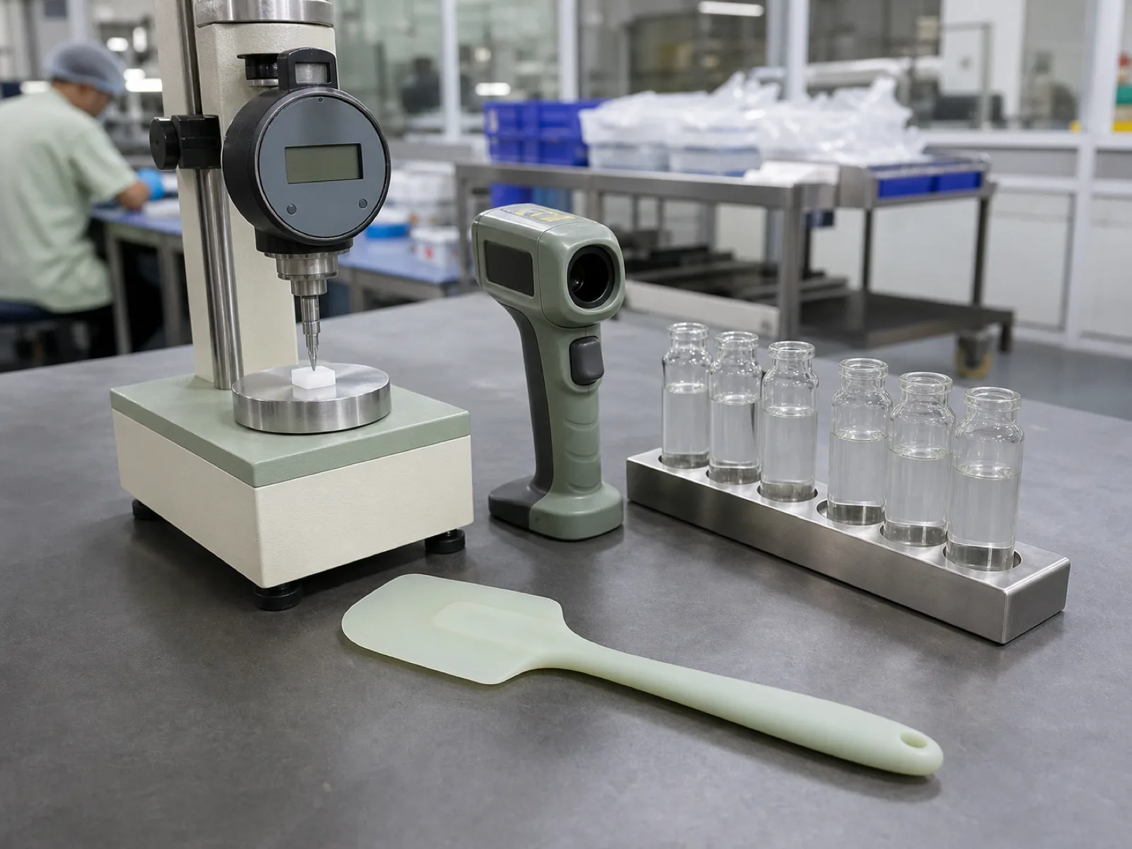Are silicone utensils safe — durometer, thermal gun, and LFGB extractables sample vials arranged on a Wetop QC bench in Dongguan showing the exact instruments that determine whether a silicone spatula clears 21 CFR 177.2600 and LFGB §30/31.