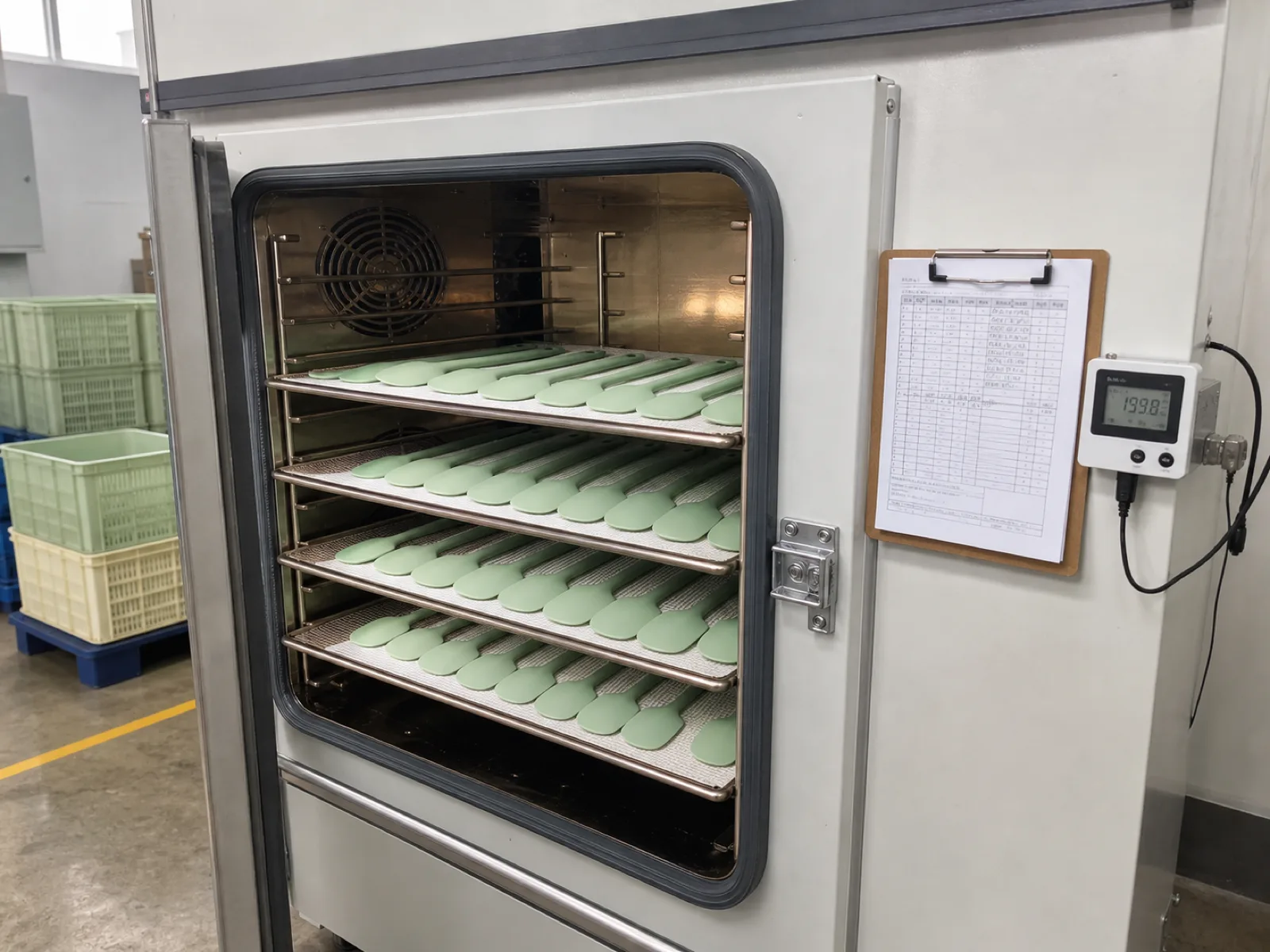 Are silicone utensils safe — a forced-air convection post-cure oven at Wetop's Dongguan factory running the 200 °C x 4 h cycle on a batch of silicone spatulas, with cure-log clipboard and digital temperature recorder visible on the oven door — the exact process step that determines whether the finished utensil clears LFGB §30/31 volatiles caps.