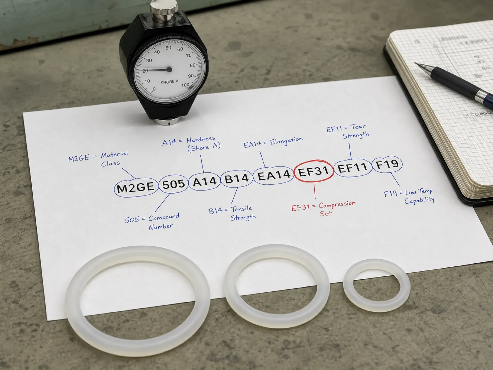 Wetop engineering document on a QC bench showing a hand-annotated ASTM D2000 line callout 'M2GE 505 A14 B14 EA14 EF31 EF11 F19' with each character marked up in colored ink, translucent platinum-cured silicone O-ring samples arranged next to the paper, and a Shore A durometer and lab notebook framing the scene.