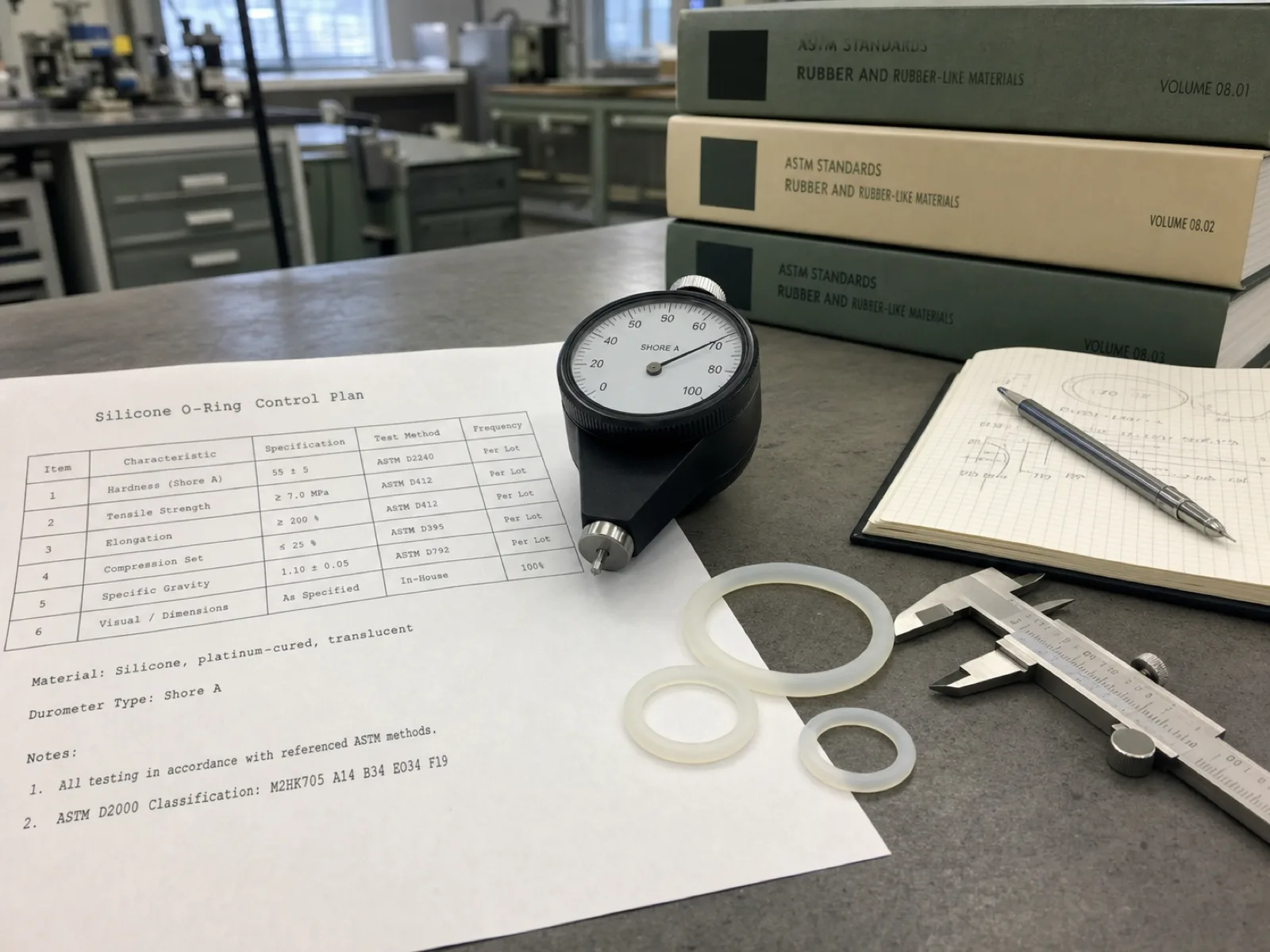 Wetop QC bench with an ASTM D2000 line callout printed on a control-plan document, a Shore A durometer, translucent platinum-cured silicone O-ring samples, and a stack of ASTM standards binders under D65 workshop light.