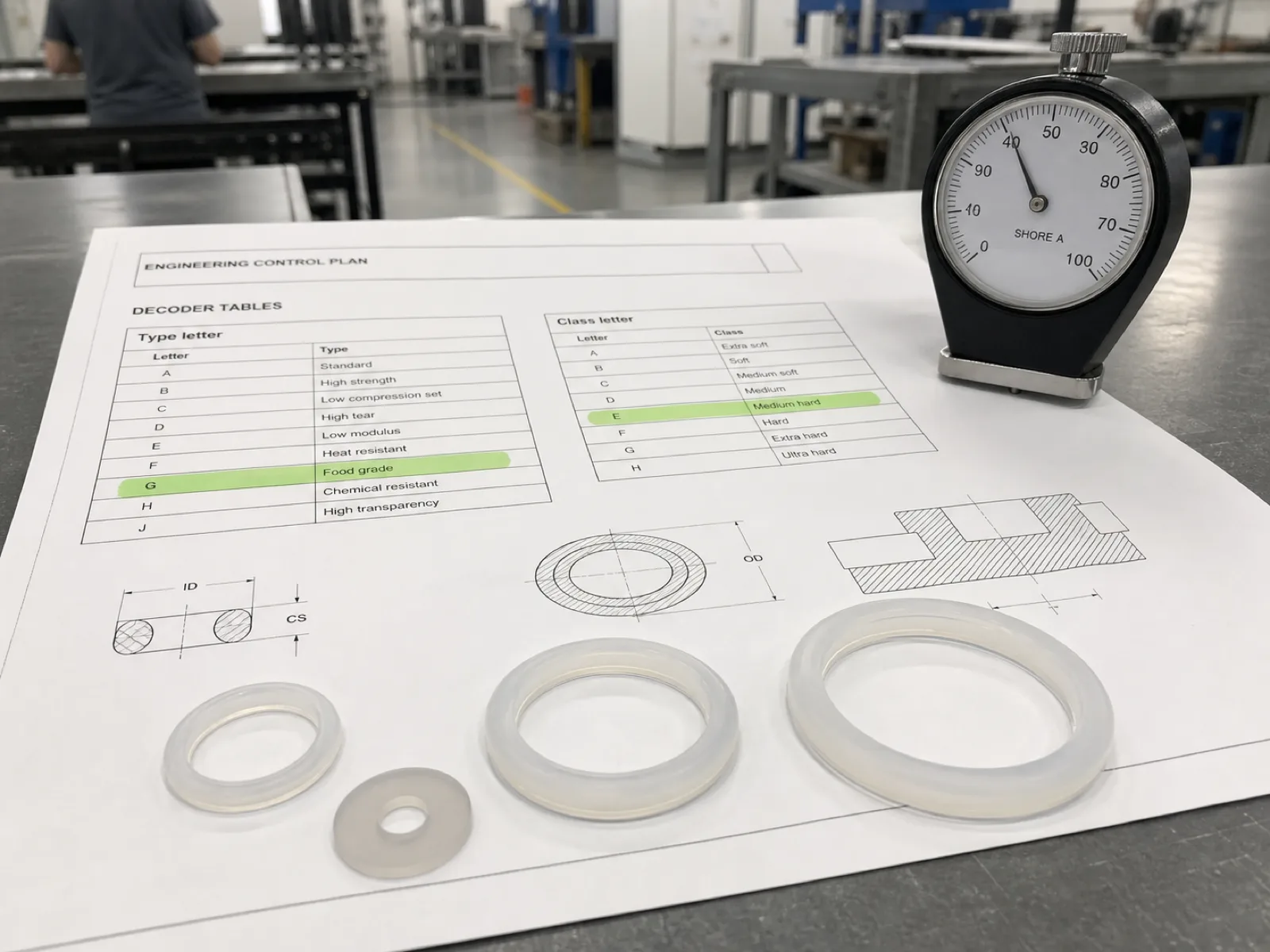 Wetop QC engineer's control-plan document showing the ASTM D2000 Type letter and Class letter decoder tables side-by-side, with silicone Type G and Class E highlighted, a Shore A durometer resting on the paper, and translucent platinum-cured silicone samples arranged in the foreground.