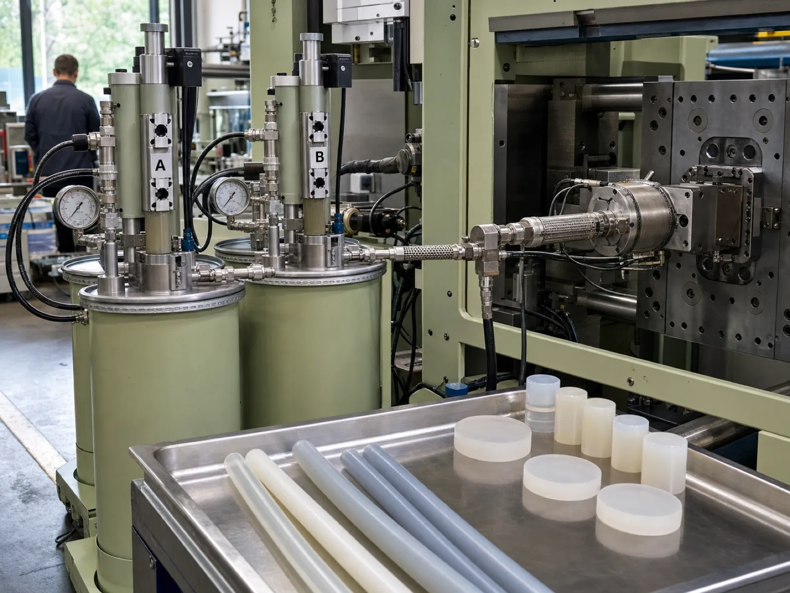 LSR injection molding cell at a China adult toy manufacturer with dual metering pumps dosing platinum-cured silicone A and B components into a stainless mixing block feeding a horizontal press with hardened-steel tooling.