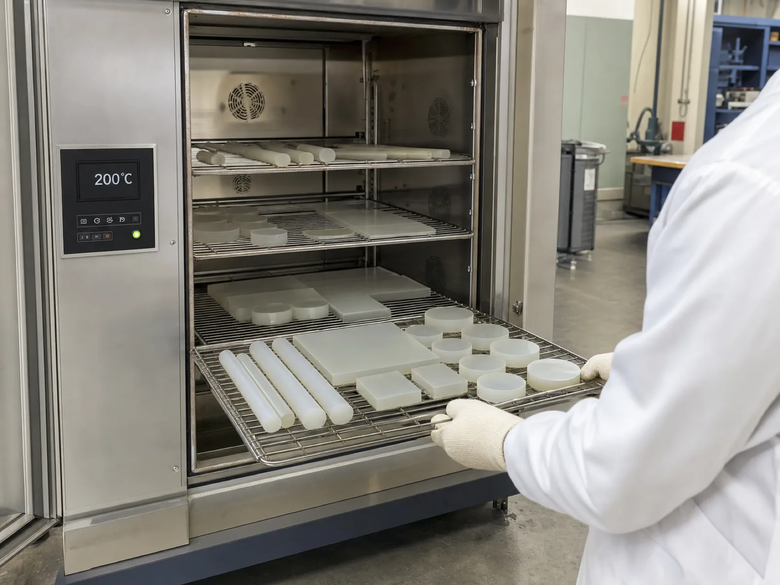 Post-cure oven at a body-safe silicone OEM facility with racks of generic platinum-cured LSR sample pucks and rods undergoing four-hour bake at 200°C to volatilize residual siloxanes D4 D5 D6 below detection limits.
