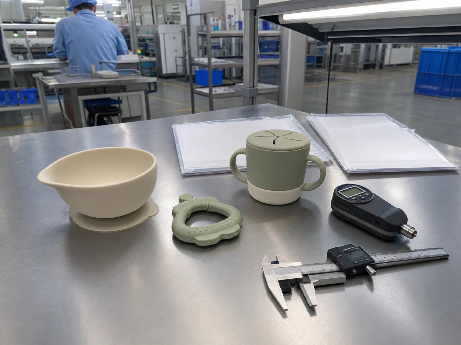 Anonymized platinum-cured silicone baby feeding products — a cream suction bowl, a sage teether, and a snack cup — arranged on a stainless QC bench beside a Shore A durometer, digital calipers, and FDA and LFGB test-report packets under D65 inspection light in a Dongguan factory