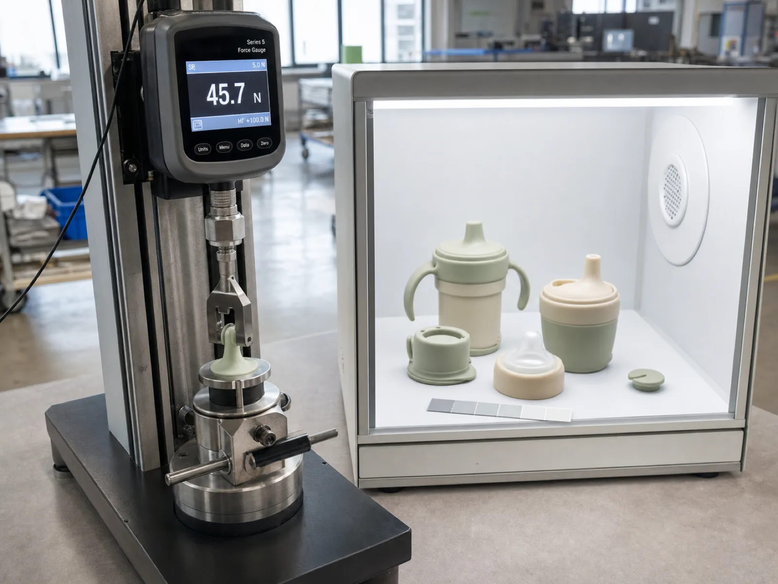An EN 14350 mechanical pull-test rig clamping a silicone sippy-cup spout, with a digital force gauge showing pull-off load, beside a light box holding cream and sage silicone baby parts for D65 color-match verification against a reference swatch