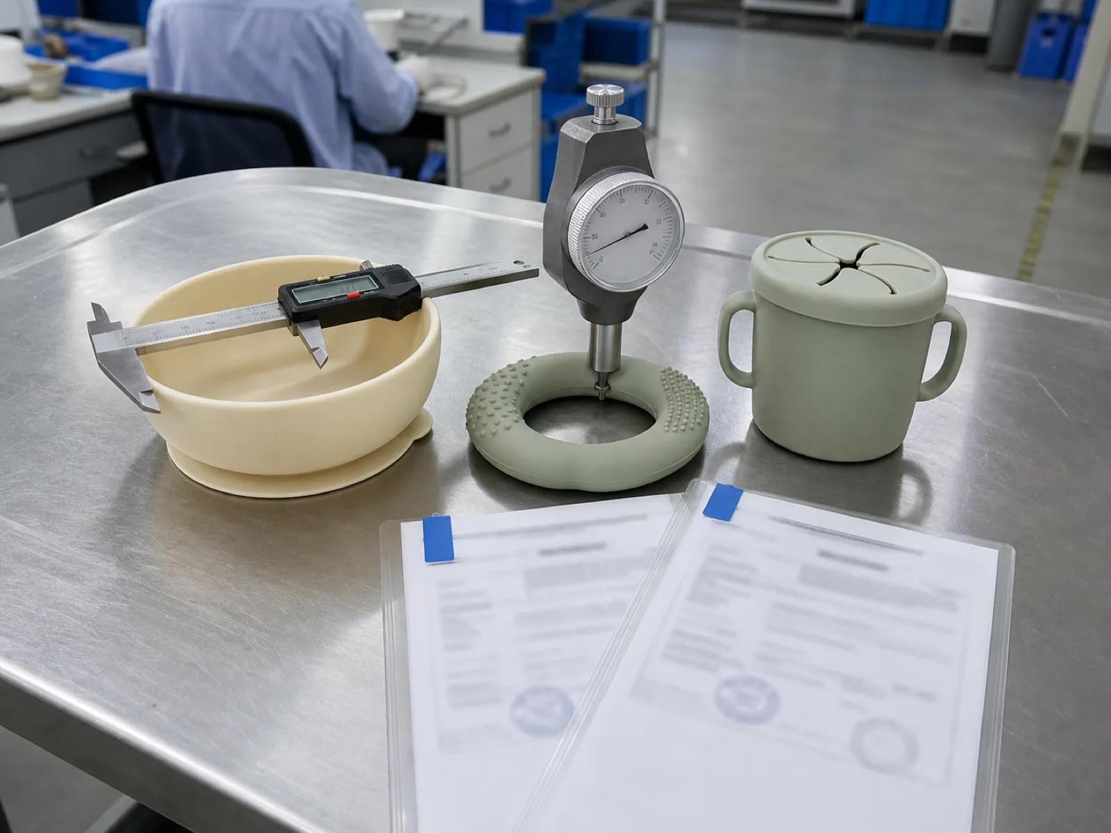 Anonymized platinum-cured silicone baby feeding products — a cream suction bowl, a sage teether ring, and a snack cup — on a stainless QC bench with a Shore A durometer pressed into the teether, digital calipers on the bowl rim, and FDA and LFGB test-report packets under D65 light