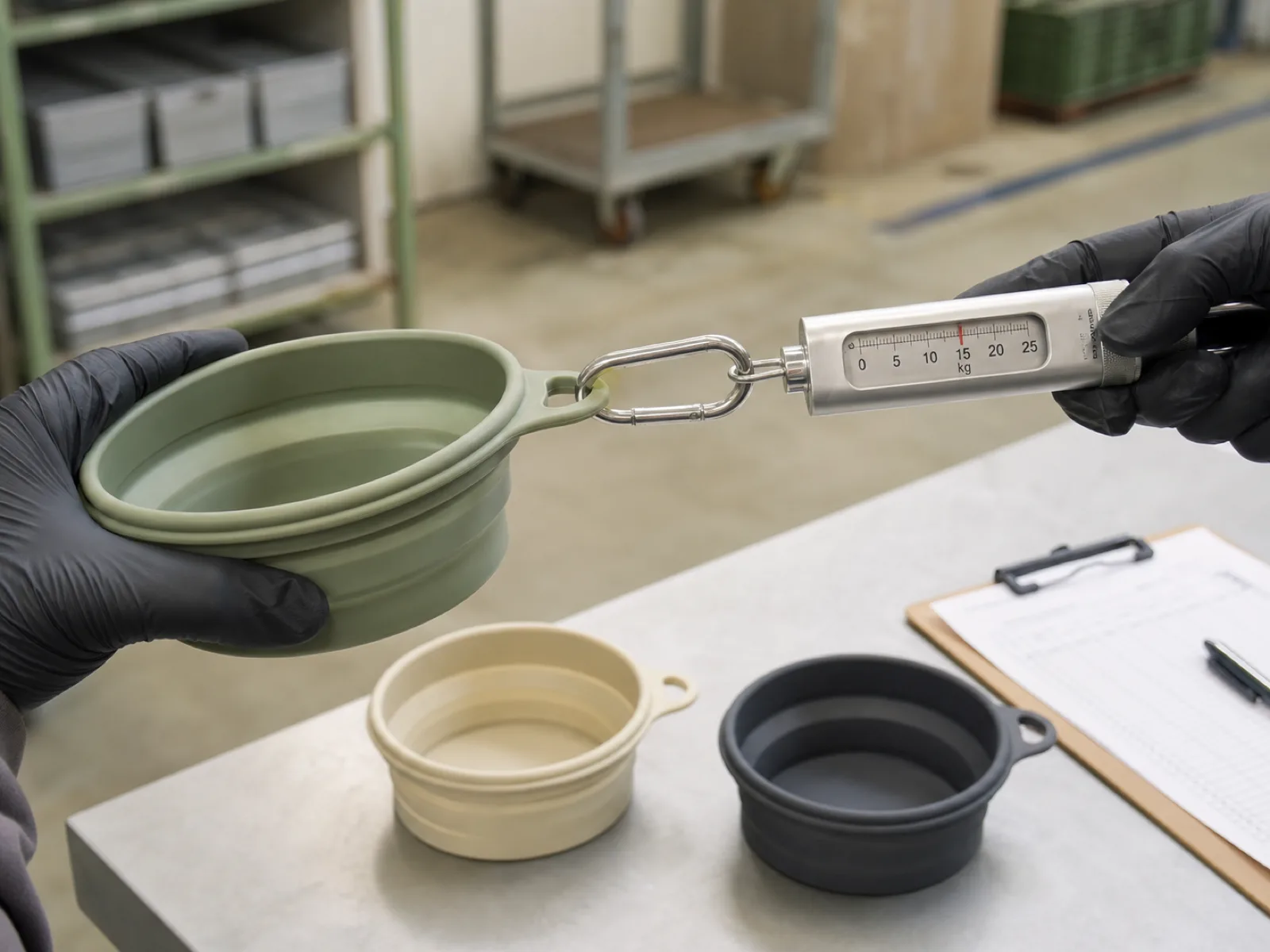 QC technician pulling a stainless carabiner through the silicone rim loop of a collapsible pet bowl on a 15 kilogram spring gauge test bench, with anonymized sage-green and cream sample bowls staged on the bench at a Dongguan silicone factory.