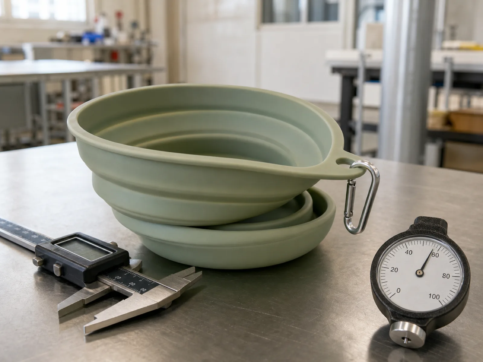 Cutaway of a collapsible silicone pet bowl on an engineering bench beside a caliper and durometer gauge, showing three accordion ribs, a carabiner clip, and a lock-in-place fold state at a Dongguan silicone factory.