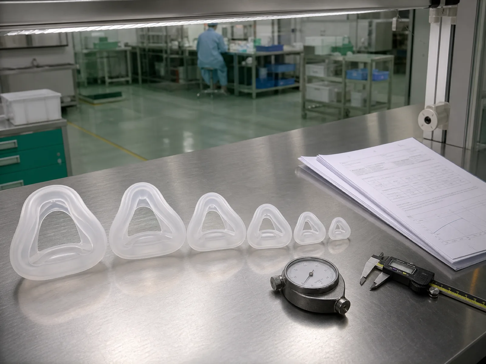 Soft platinum-cured LSR CPAP mask cushions in graduated sizes on a stainless QC bench beside a Shore A durometer, digital calipers, and a USP Class VI test-report packet under D65 inspection light in a Dongguan cleanroom