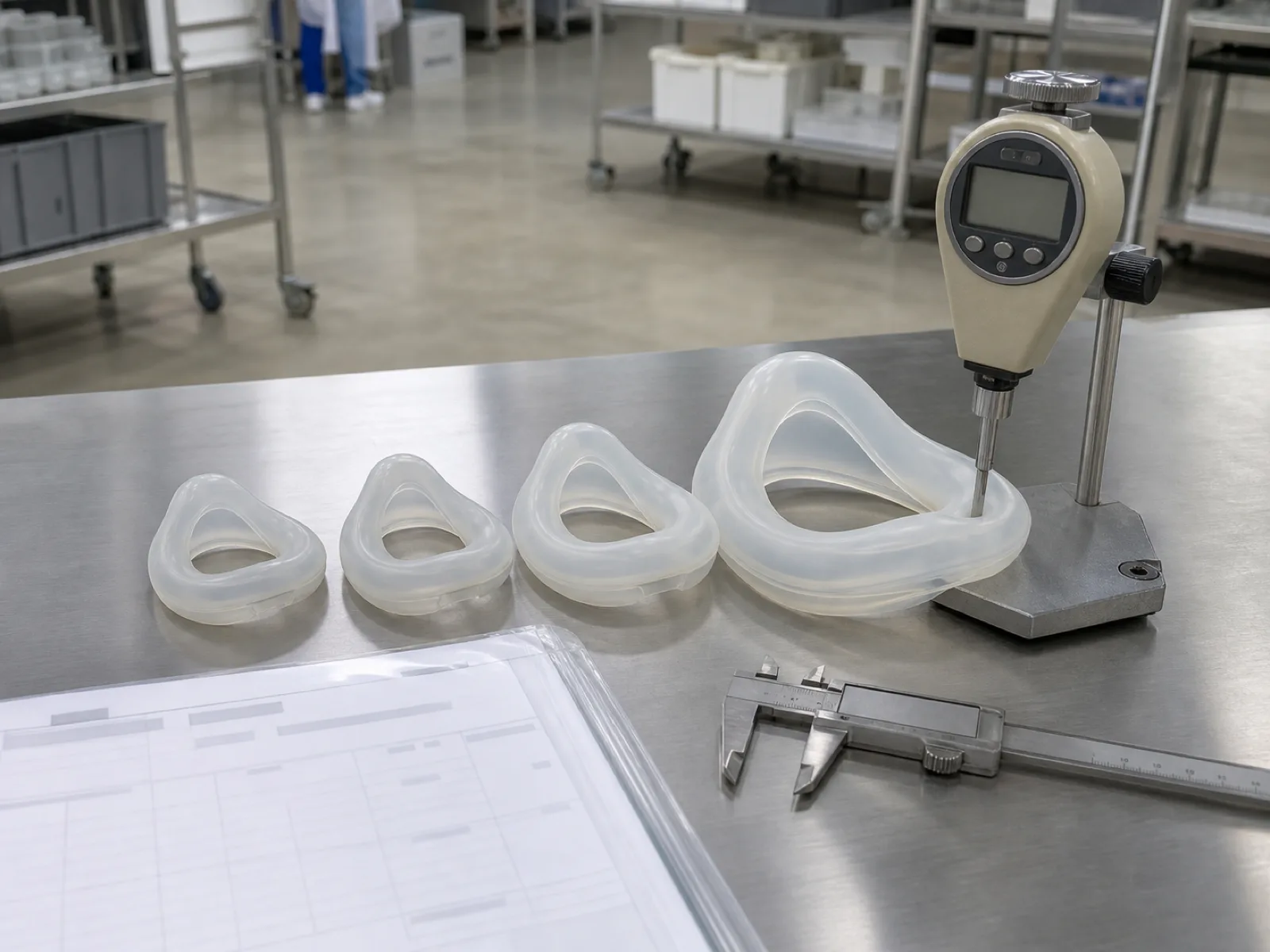 Soft translucent platinum-cured LSR CPAP mask cushions in graduated sizes arranged on a stainless QC bench beside a Shore A durometer pressing a cushion membrane, digital calipers, and a USP Class VI test-report packet under D65 cleanroom light