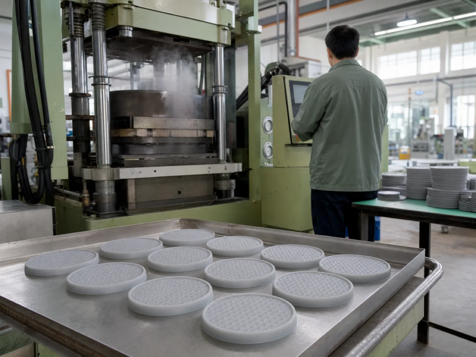 Wetop Silicone compression molding cell mid-cycle running a 4-cavity mold producing 100 mm round custom silicone coasters at Shore A 60 in bulk, hydraulic press at 180°C in Dongguan