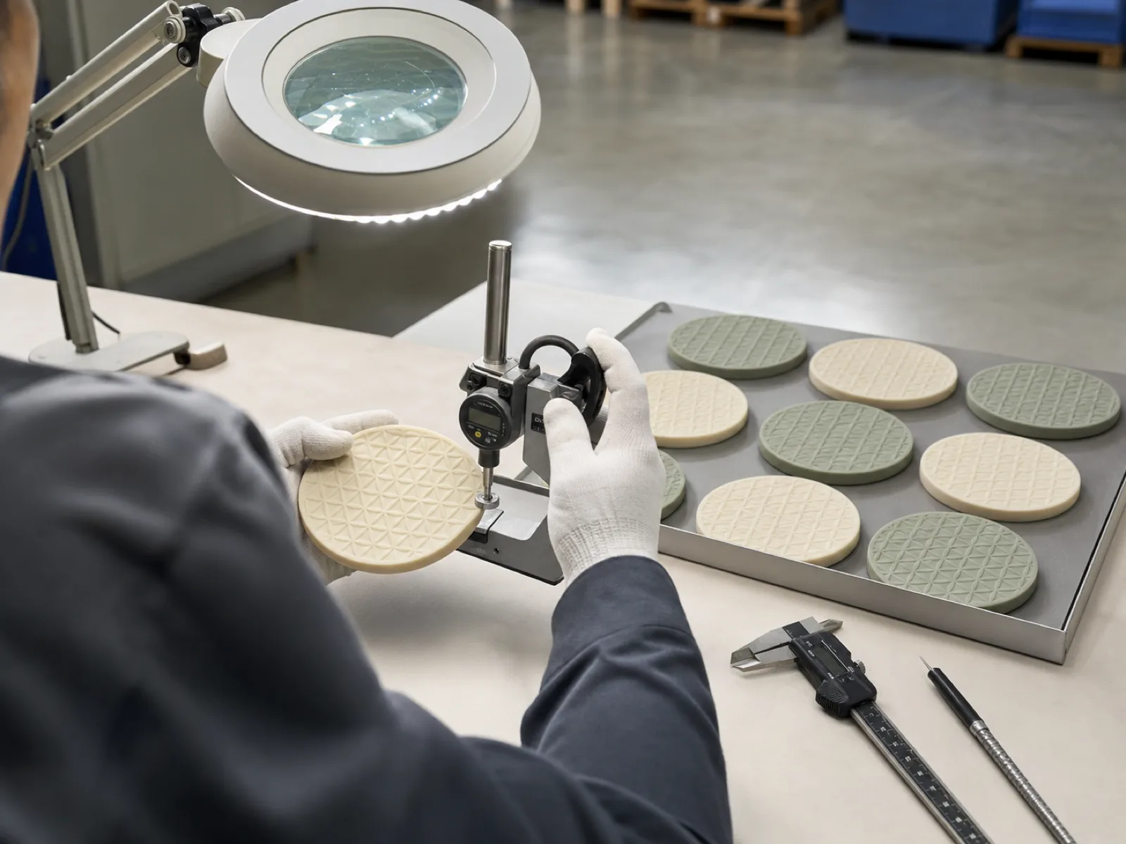 Debossed brand logo QC inspection on bulk custom silicone coasters at Wetop Dongguan — QC technician measuring logo depth and edge sharpness under D65 lighting on 100 mm round platinum-cure coasters