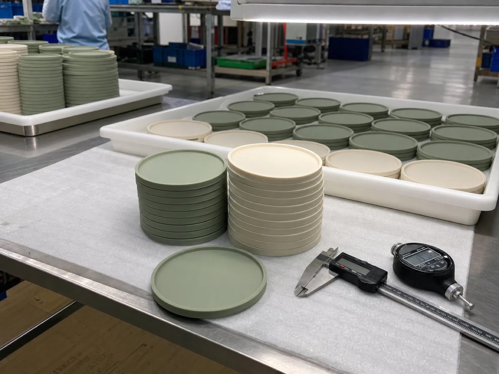 Bulk stack of custom silicone coasters at Wetop's Dongguan QC bench — matte sage and cream 90 mm round coasters at Shore A 60, calipers and durometer under D65 inspection light for bulk-order first-article release