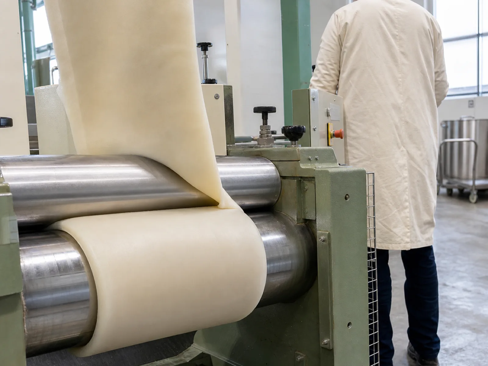 Two-roll mill compounding a batch of platinum-cured medical-grade silicone stock destined for custom silicone sex toys OEM production, matte-satin translucent sheet visible on the roll, Dongguan compound room, D65 daylight