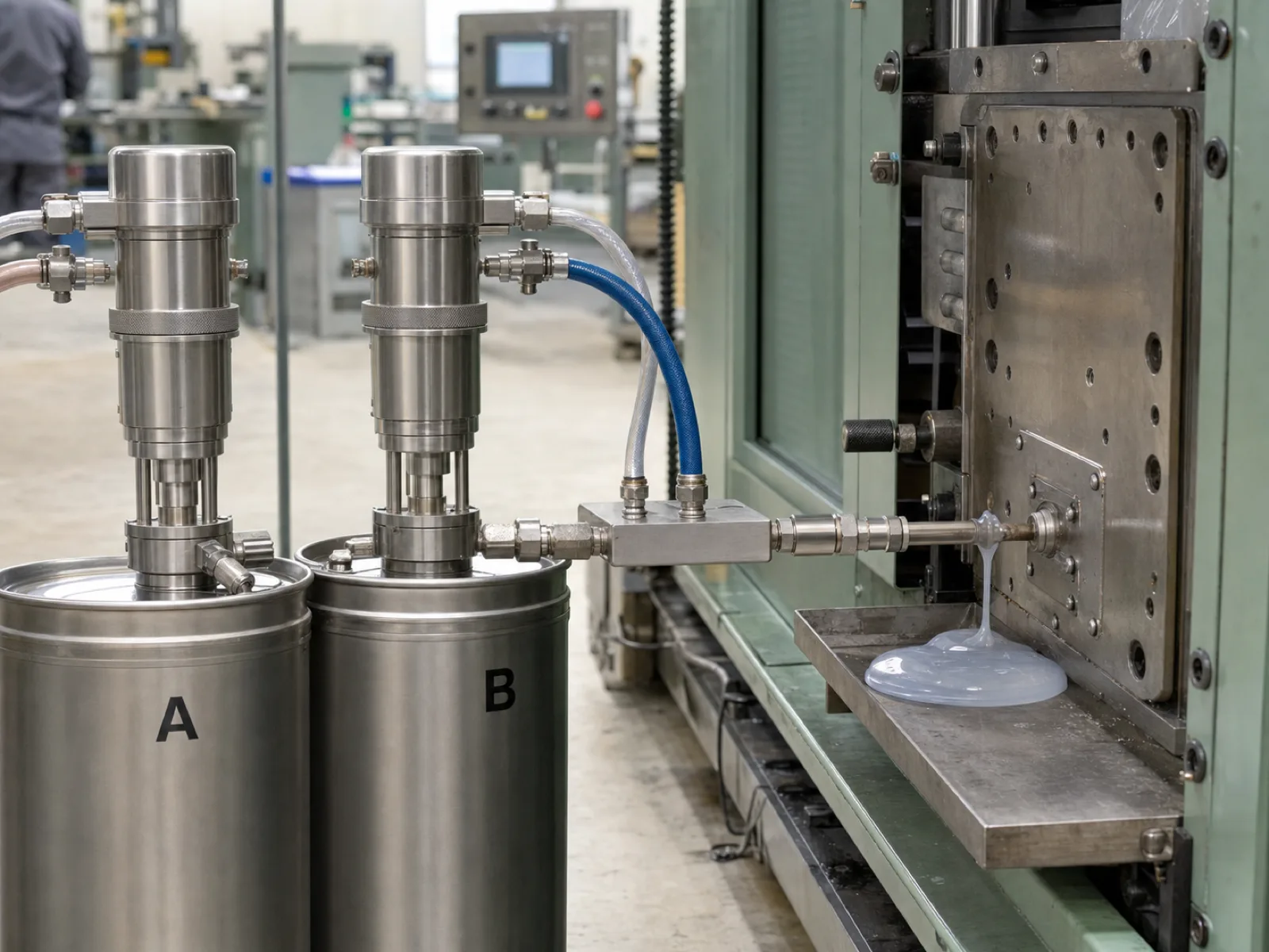 Liquid silicone rubber injection cell metering pumps dosing Component A and Component B platinum-cured LSR into a static mixer feeding a heated mold — the closed-loop dosing configuration required for body-safe custom silicone sex toys OEM production