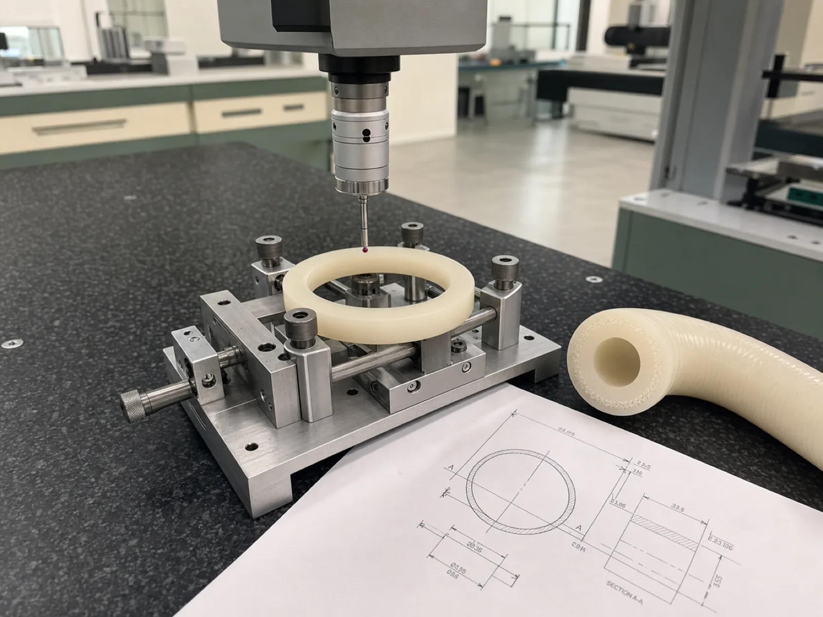 Coordinate measuring machine probe touching off on a matte-satin cream platinum-cured silicone gasket clamped to a granite surface plate at a custom silicone parts manufacturer, a sectioned silicone hose and a printed dimensioned drawing beside the fixture, natural D65 workshop lighting on a sage QC bench in a Dongguan factory