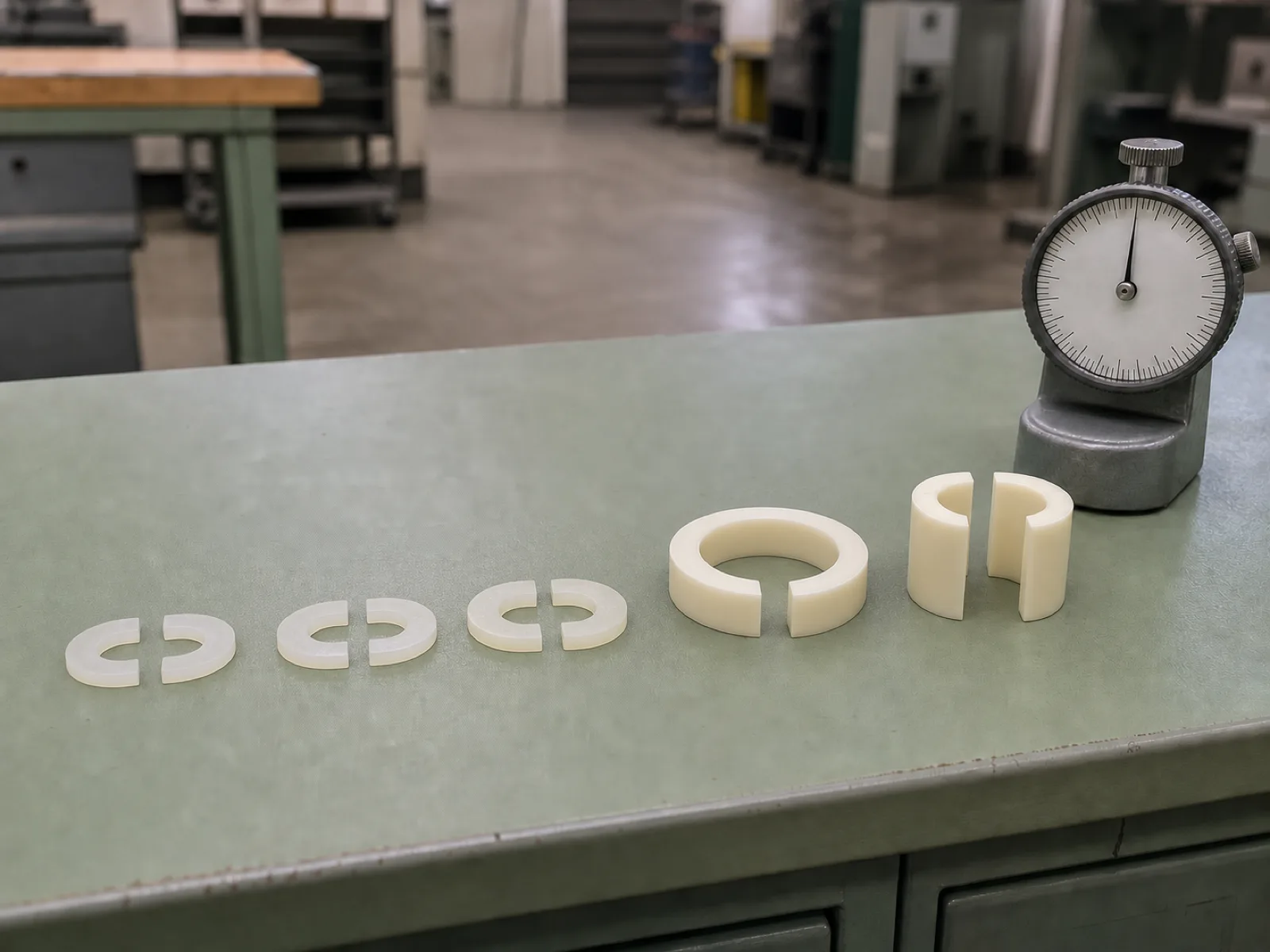 Row of sectioned compression-molded silicone parts in graduated durometer and translucency — matte-satin cream washers, a gasket, and a bushing cut to show dense void-free cross-sections — arranged on a sage QC bench beside a Shore A durometer at a custom silicone parts manufacturer under natural D65 workshop lighting in a Dongguan factory