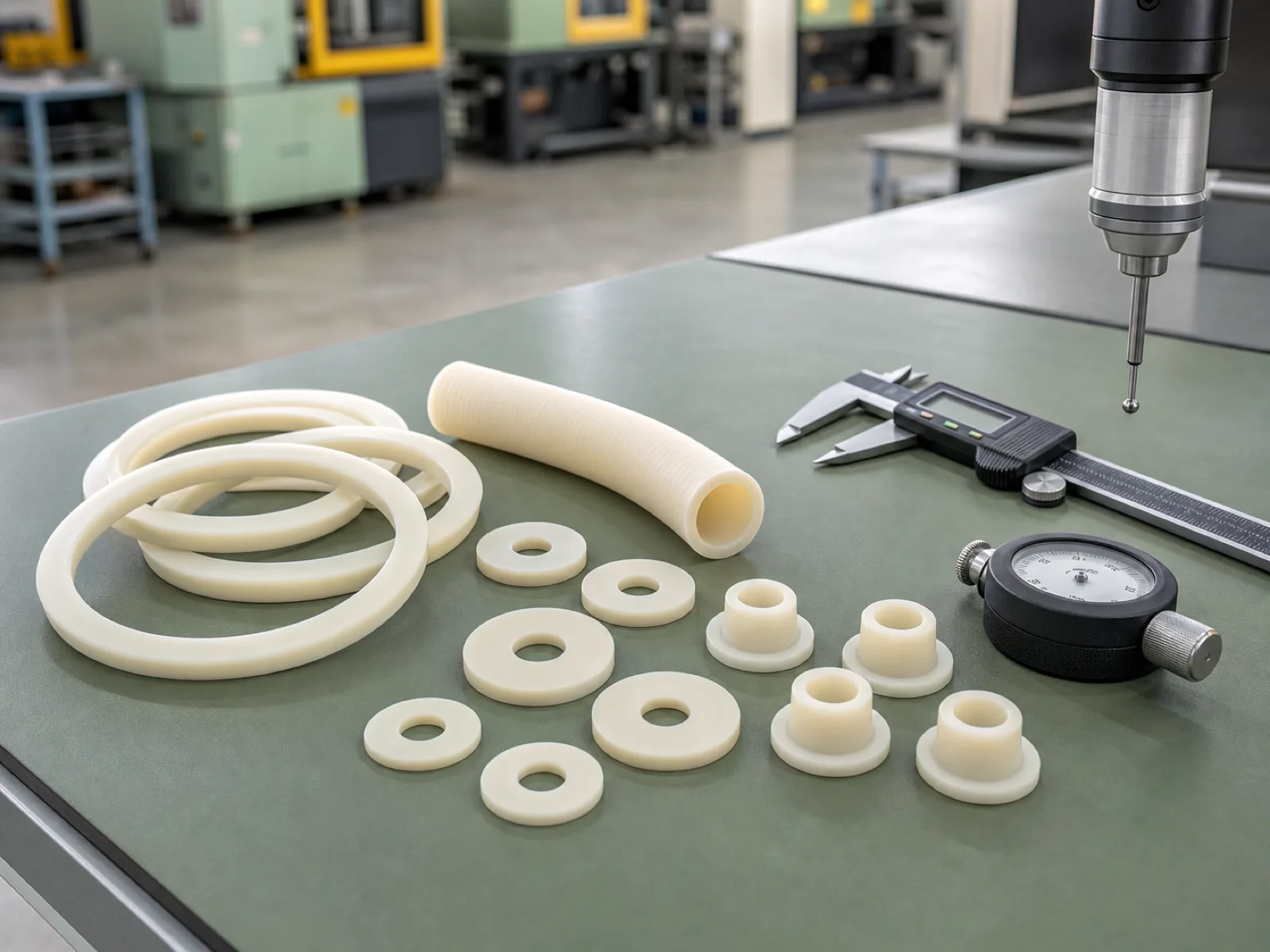 QC bench at a custom silicone parts manufacturer holding an assortment of matte-satin cream platinum-cured silicone components — gaskets, washers, a molded hose, and grommets — beside digital calipers, a Shore A durometer, and a CMM probe under D65 workshop lighting in a Dongguan factory