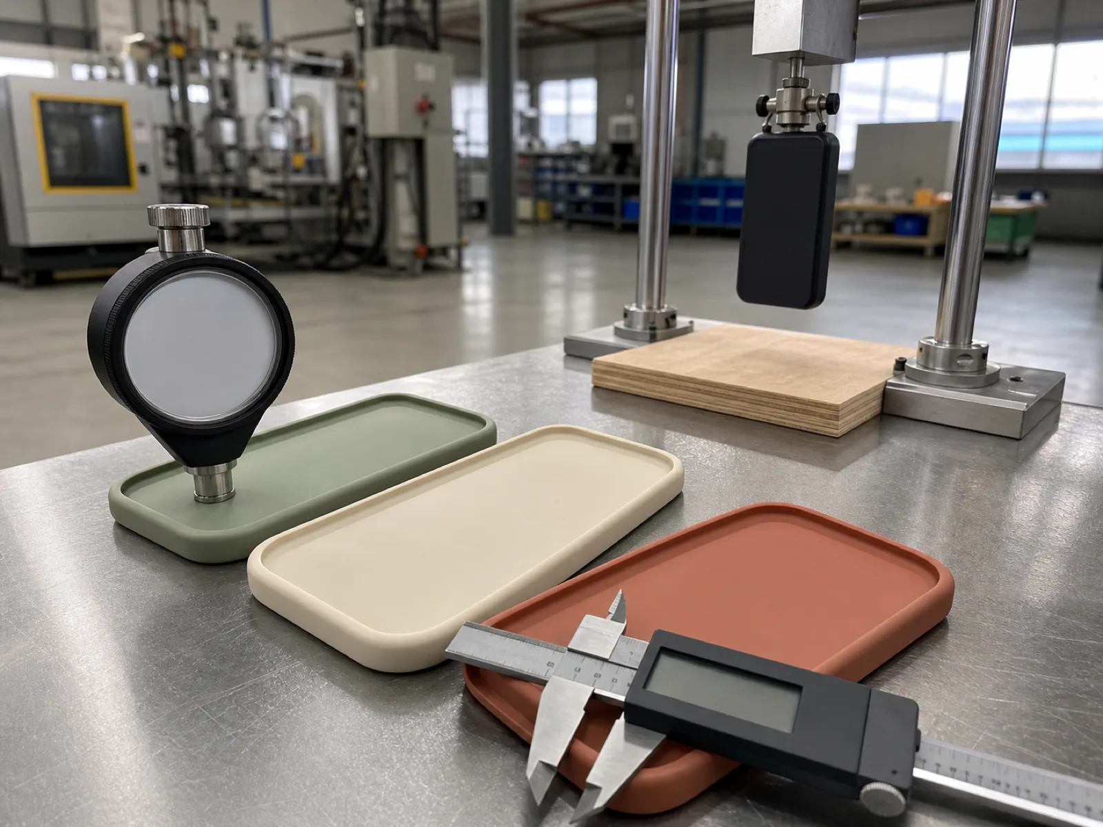 Anonymized custom silicone phone case samples in sage, cream, and rust on a QC bench beside a durometer gauge, calipers, and a MIL-STD-810G drop-test rig at a Dongguan silicone factory engineering desk.