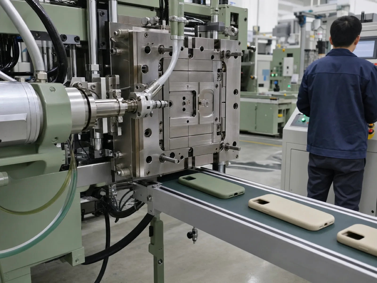 LSR injection molding cell producing custom silicone phone cases in sage and cream, showing the metering pump, mixing head, and heated mold platen with anonymized case samples emerging on the conveyor at a Dongguan silicone factory.