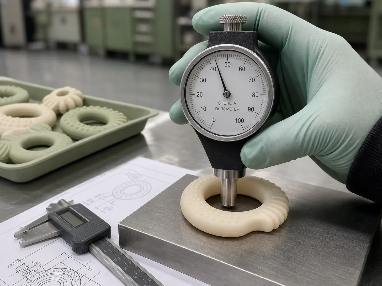 Durometer indenter pressed into a cream-colored platinum-cured silicone teether sample on a stainless QC bench, showing a Shore A reading in the 40-45 range with calipers alongside, at a Dongguan silicone factory.