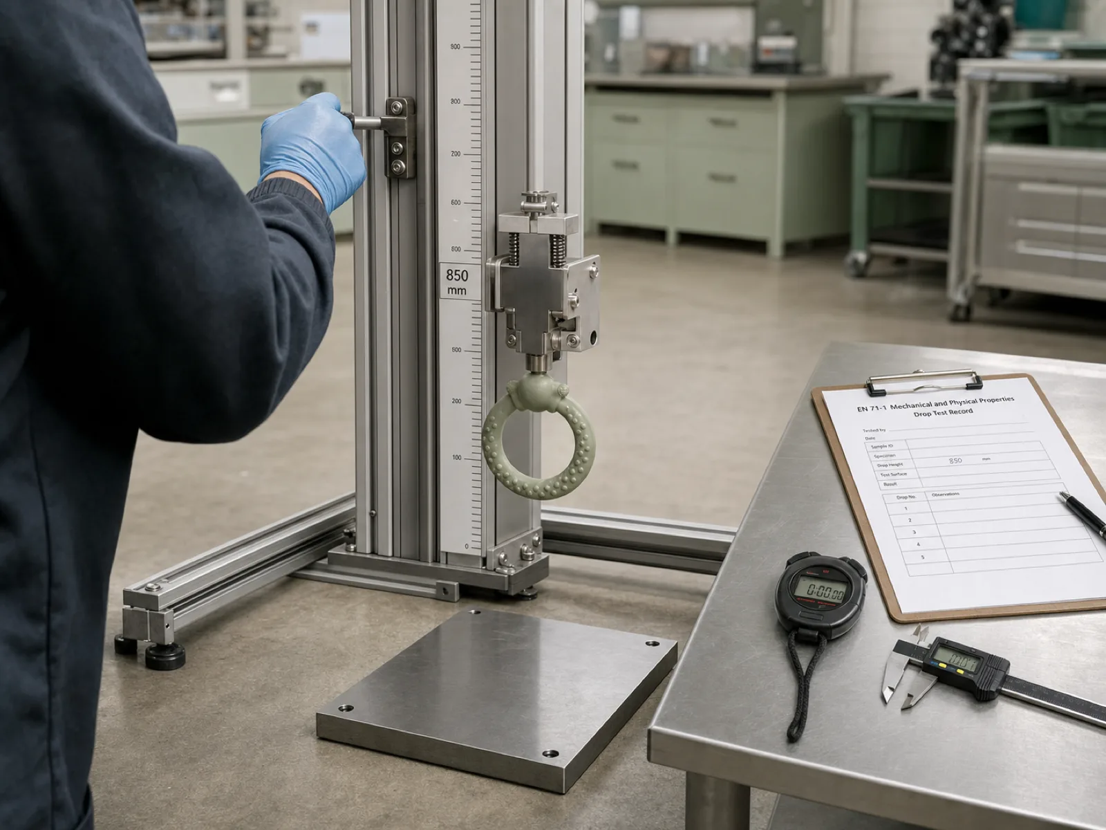 EN 14350-style drop-test rig with a sage silicone teether sample released from an 850 millimeter height onto a hard steel plate, alongside a clipboard log and calibrated calipers, in a Dongguan silicone factory QC lab.
