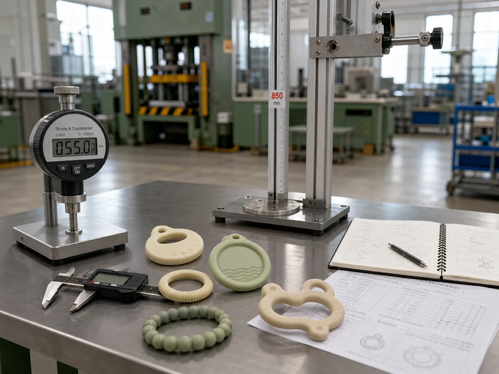 Custom silicone teether samples in cream and sage on a QC bench beside a durometer gauge, calipers, and an EN 14350 drop-test rig at a Dongguan silicone factory engineering desk.