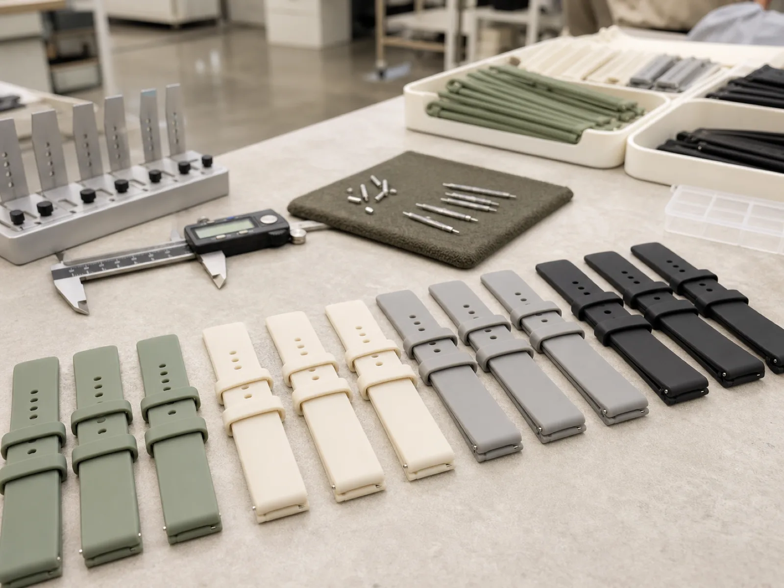 Rows of anonymized custom silicone watch bands in muted colors on a QC bench with lug-width gauges and quick-release pins at a silicone watch band manufacturer