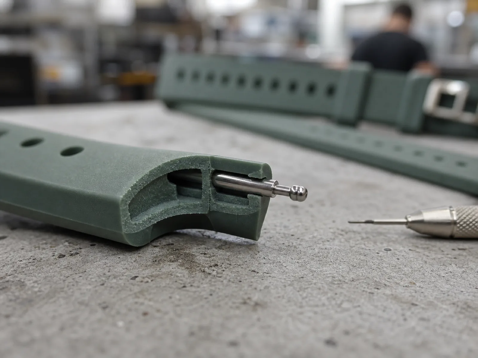 Cross-section detail of a custom silicone watch band lug end with molded pin channel and quick-release spring bar on inspection stage under D65 workshop lighting