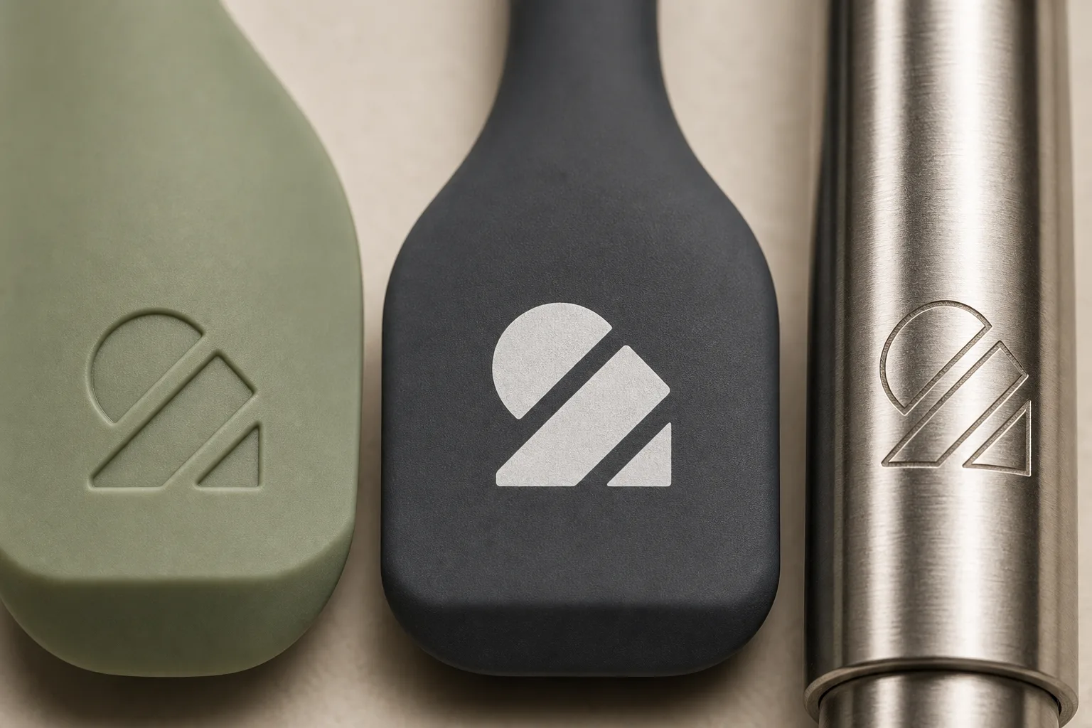 Macro close-up of three silicone product samples showing in-mold debossing, silk-screen print, and laser-etched logo decoration