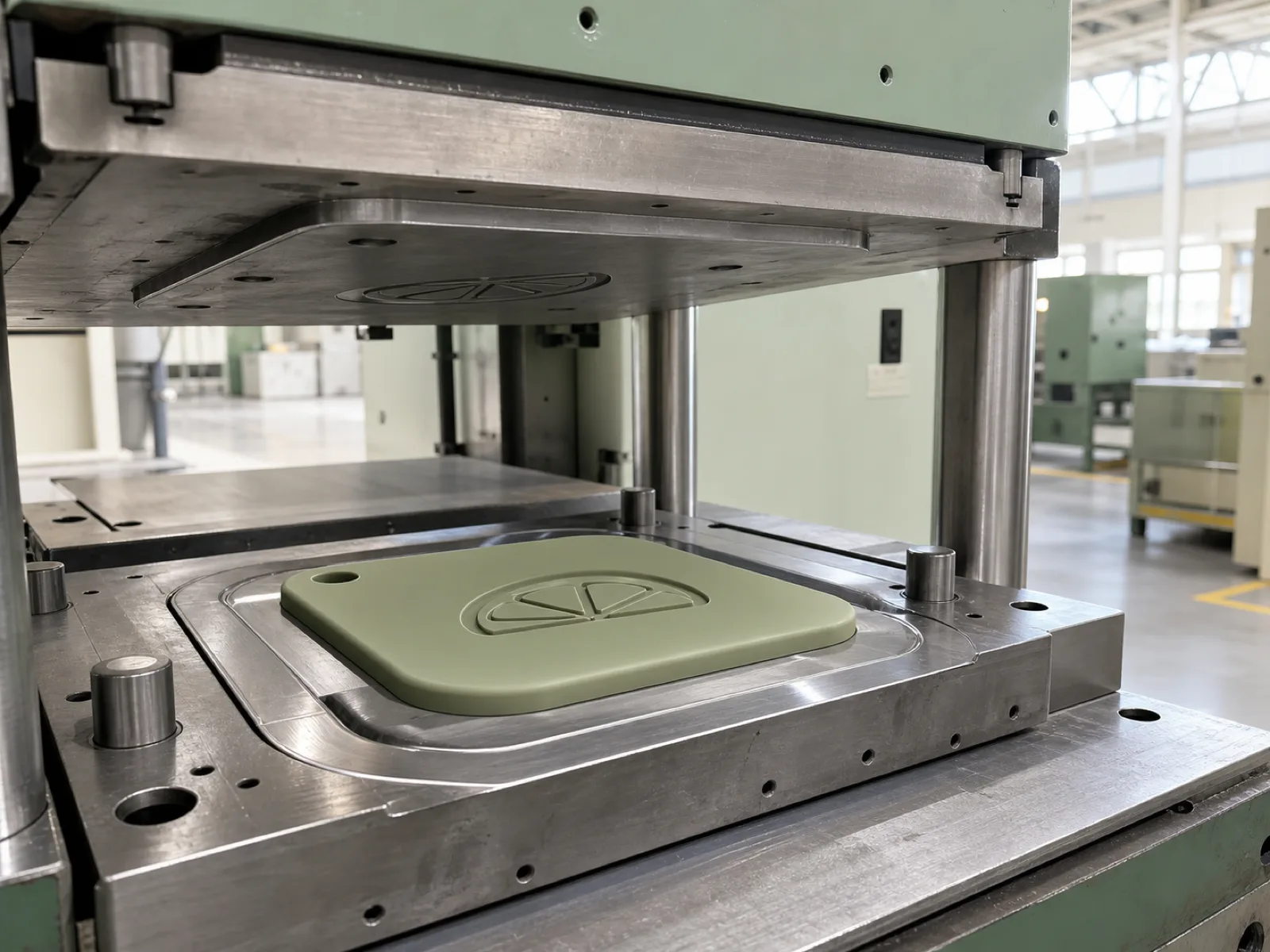 Wetop Silicone compression molding press producing a Tier 2 retail chain silicone kitchenware accessory with in-mold deboss decoration — the food-contact-safe permanent decoration method