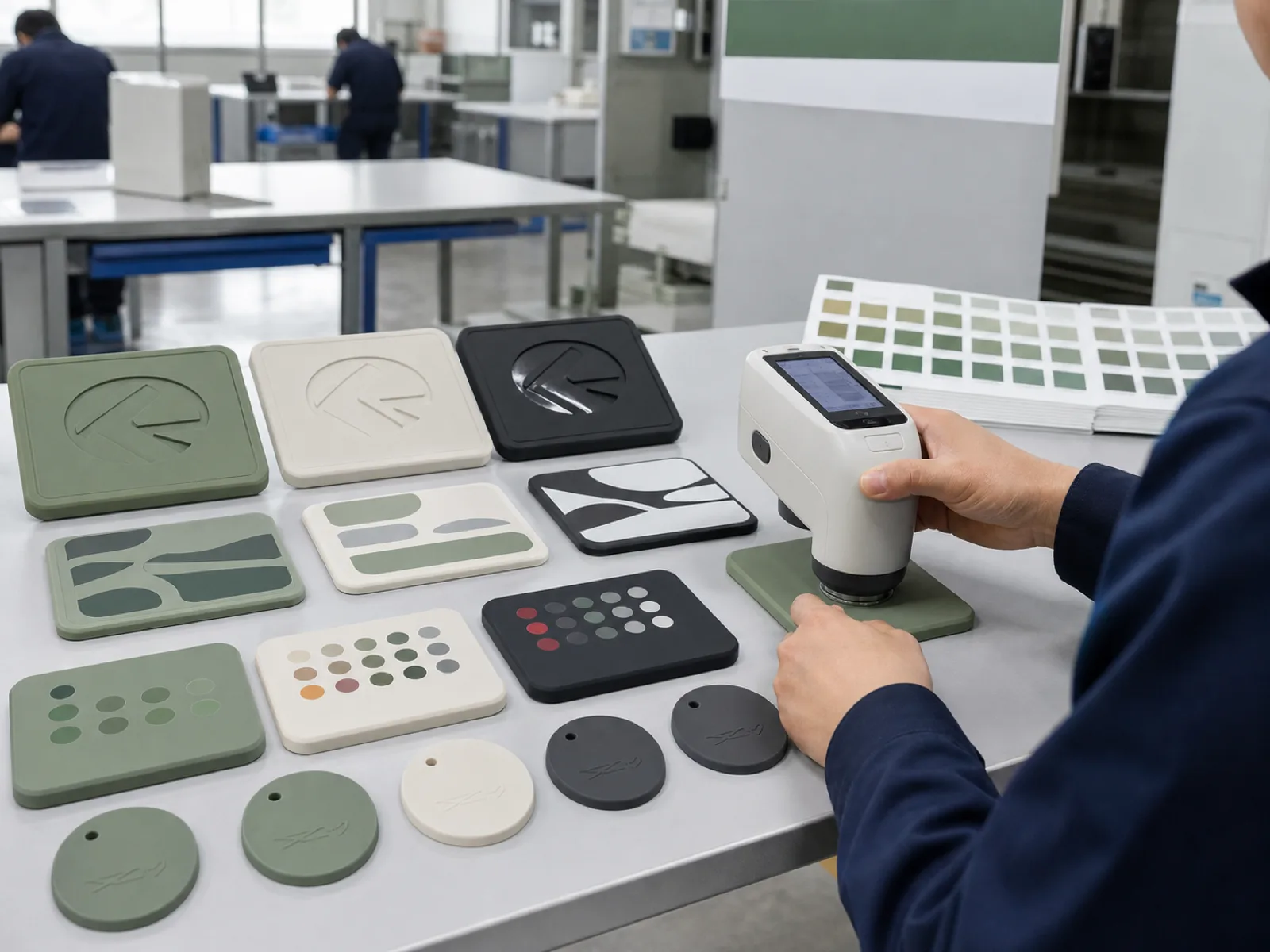 Wetop Silicone QC workshop with decoration samples laid out for spectrophotometer color measurement — in-mold deboss, IML, silk-screen, and laser etch specimens verified against Pantone TPX/TPG references