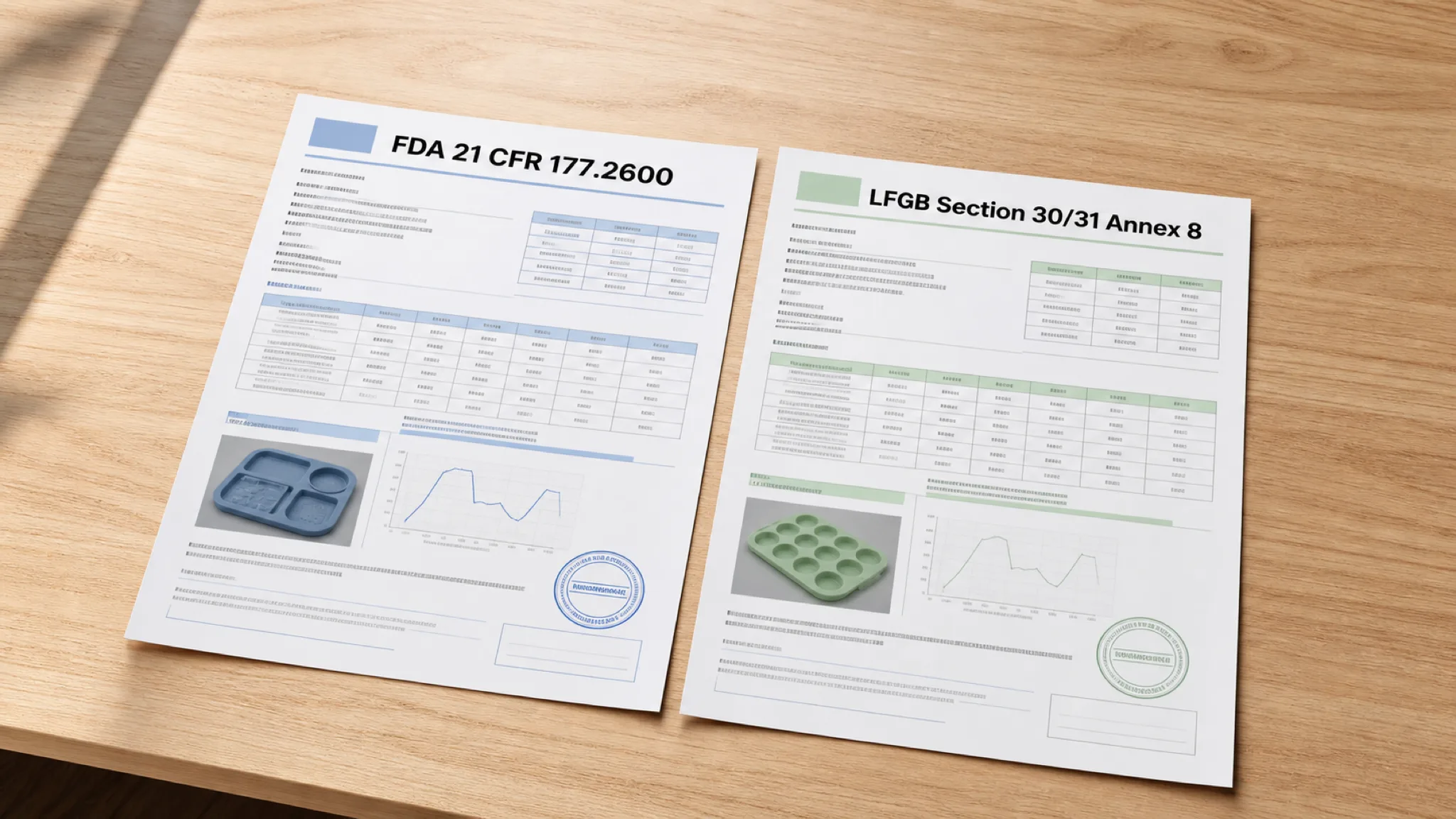 Silicone kitchenware certification documents — FDA 21 CFR 177.2600 and LFGB Section 30/31 — side-by-side on a lab bench