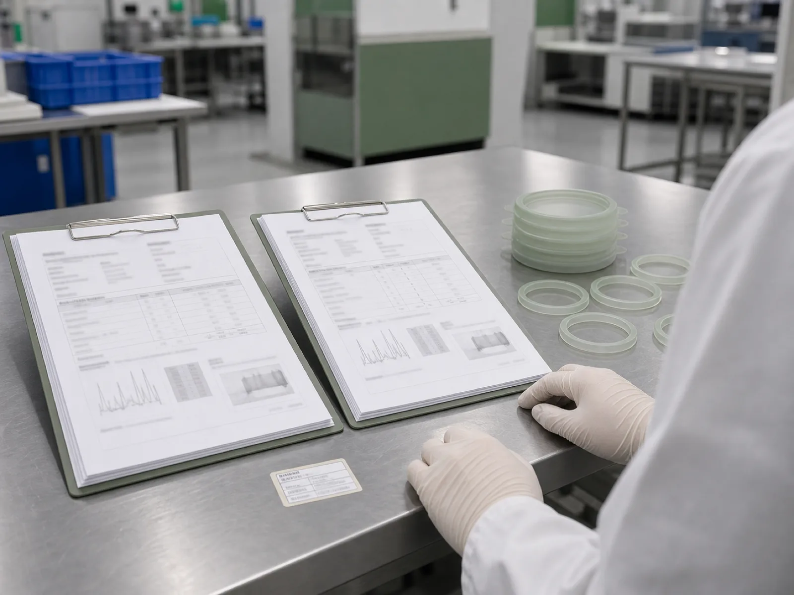 Wetop Silicone QC workshop with per-batch FDA and LFGB test reports on the inspection bench alongside the finished silicone product samples they document